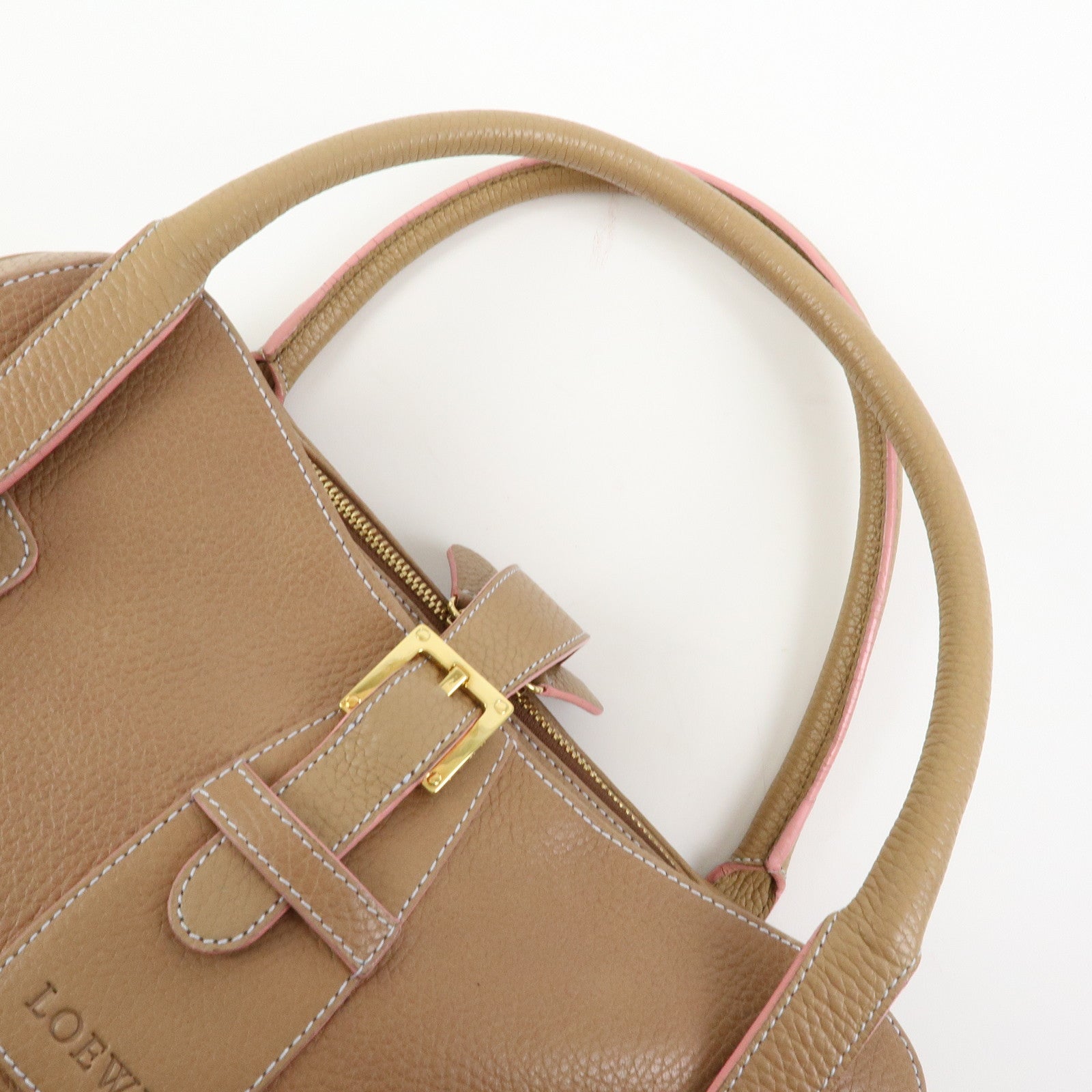 LOEWE Senda Stitches Leather Hand Bag Boston Bag Beige