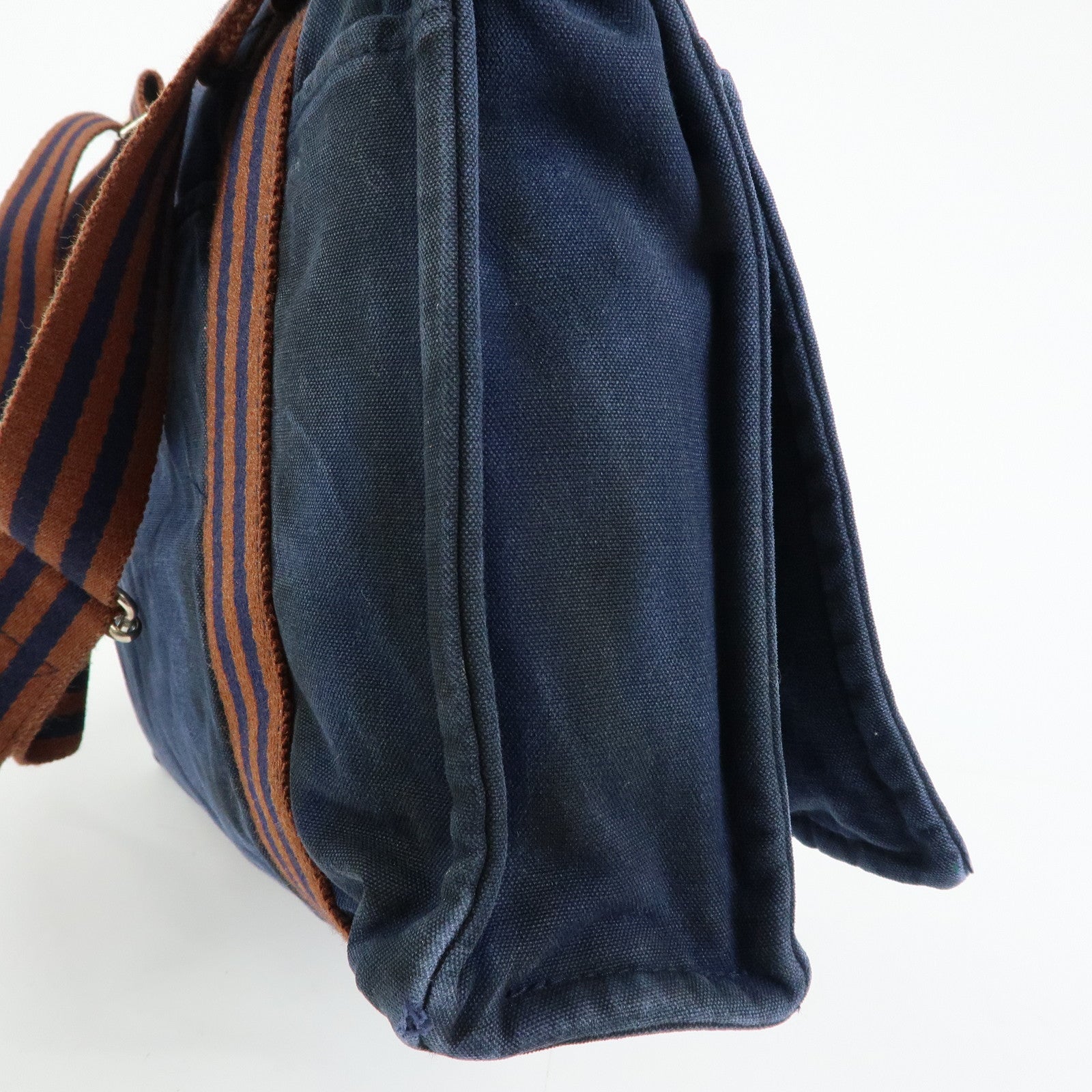 HERMES Besace MM Fourre Tout Canvas Shoulder Crossbody Bag Navy Brown