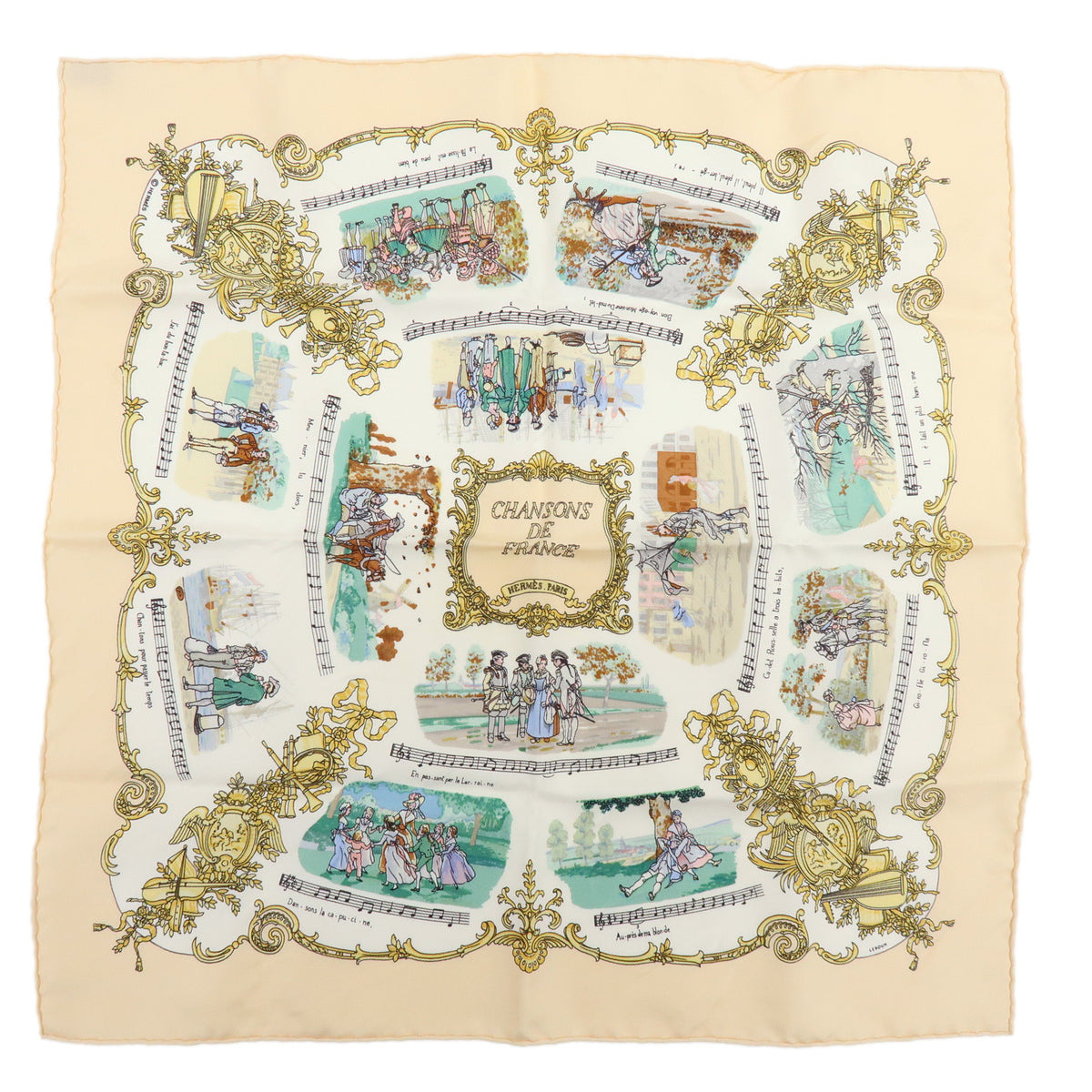 HERMES Carre 45 Silk 100% Scarf CHANSONS DE FRANCE Beige Multicolor