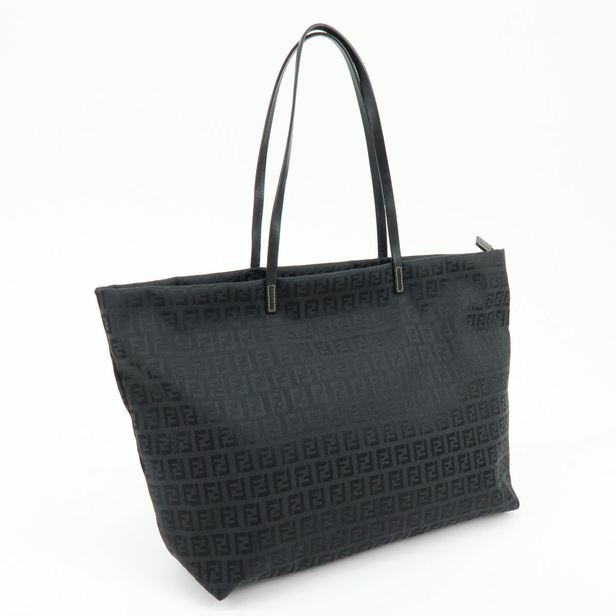 FENDI Zucchino Jacquard Canvas Leather Tote Shoulder Bag Black 8BH025