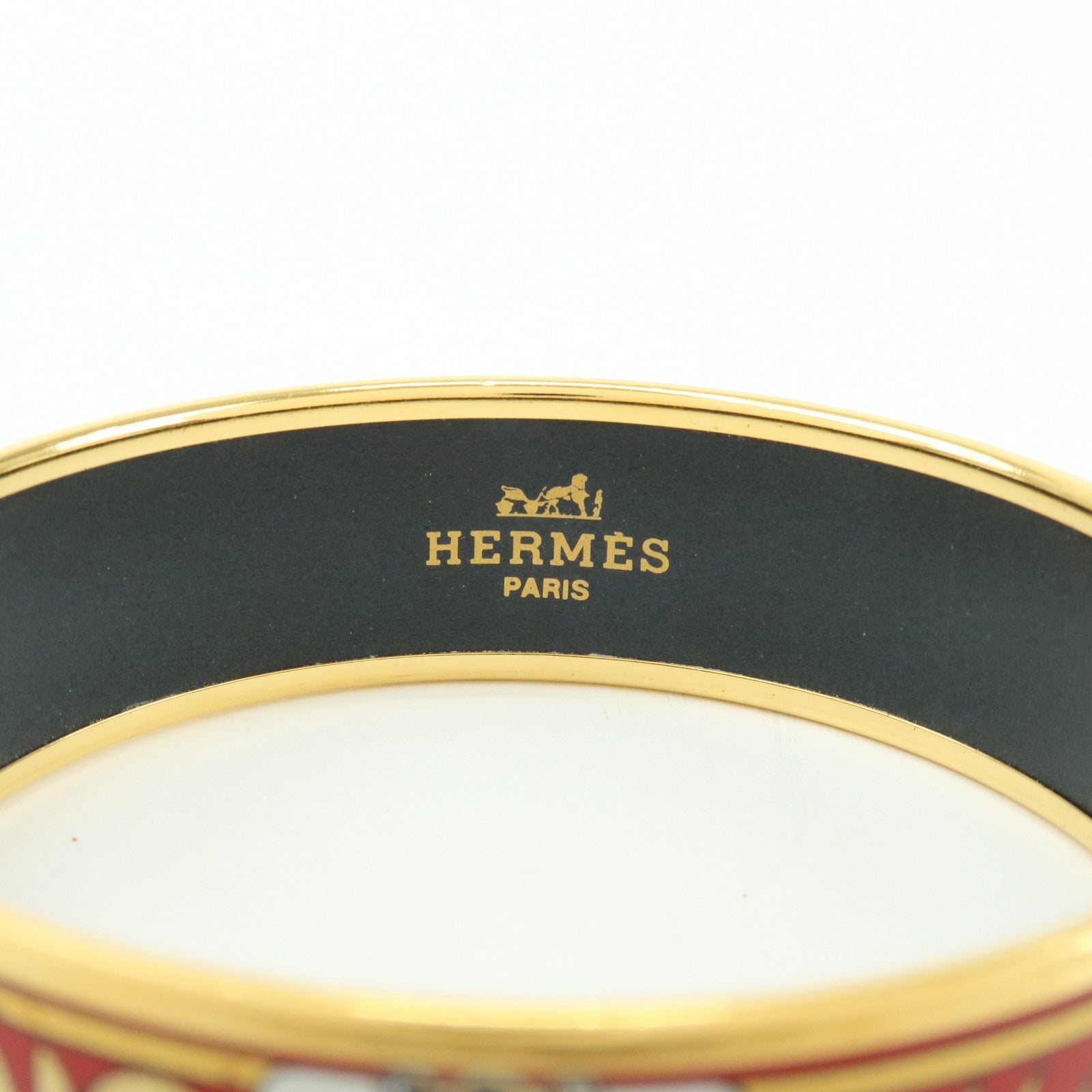 HERMES Email MM Gold Plated Bangle Bracelet Tiger Motif Red Gold