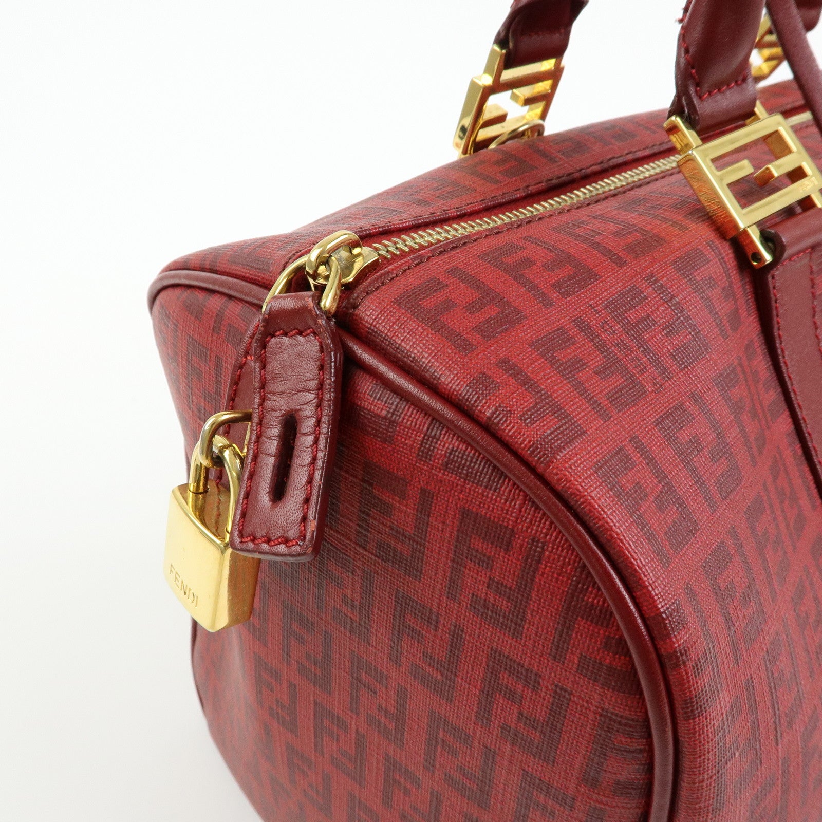 FENDI Zucchino PVC Leather Boston Bag Hand Bag Red 8BL098