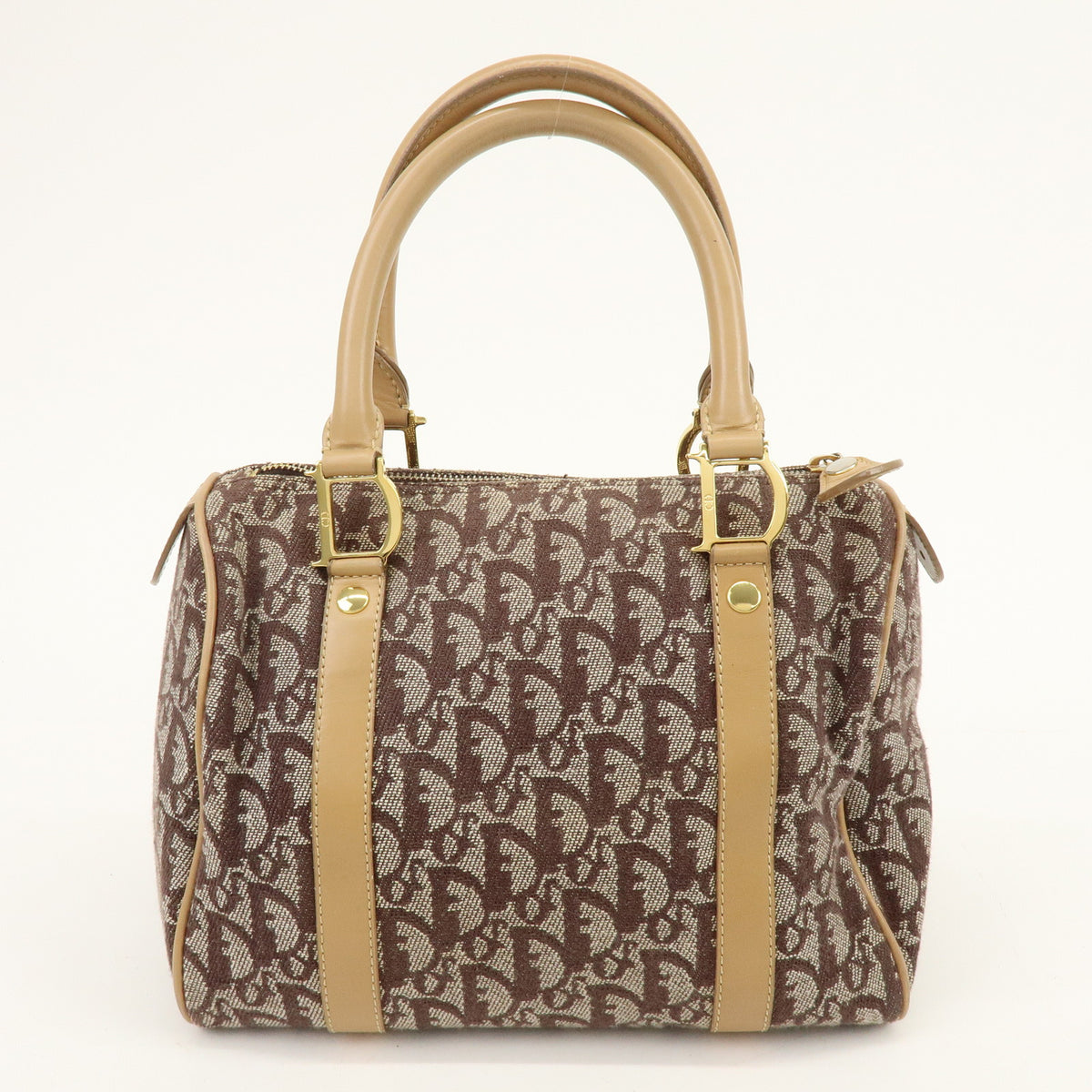 Christian Dior Trotter Jacquard Canvas Leather Boston Bag Brown Beige