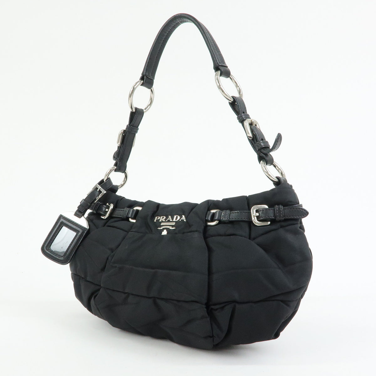 PRADA Tessuto Gathered Nylon Leather Shoulder Bag Hand Bag Black BN1704