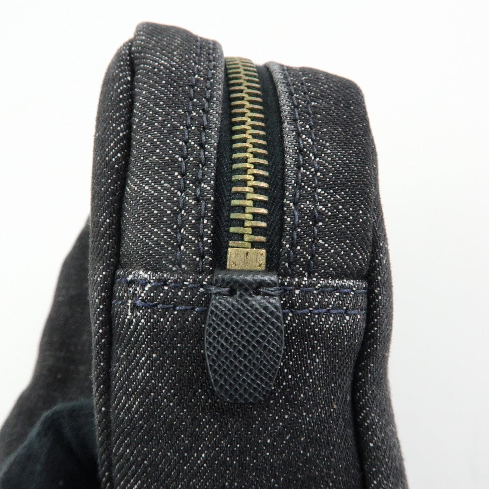 PRADA Triangle Logo Denim Cosmetic Pouch Black Gold