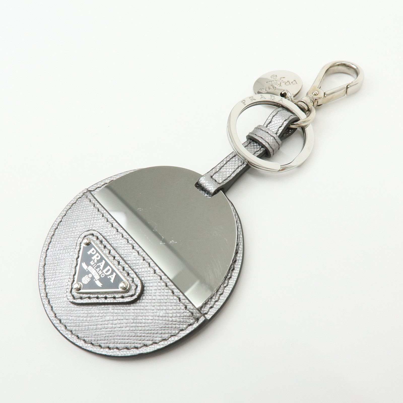 PRADA Triangle Logo Saffiano Leather Bag Charm Key Holder Silver 1TL489