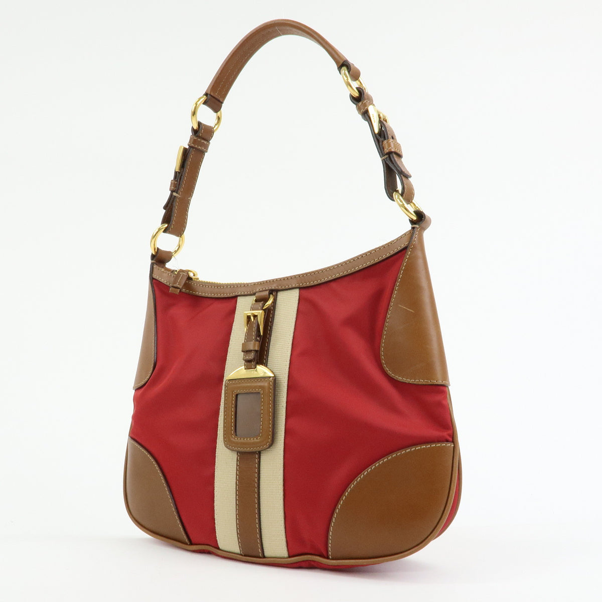PRADA Triangle Logo Nylon Leather Shoulder Bag Red Beige Brown
