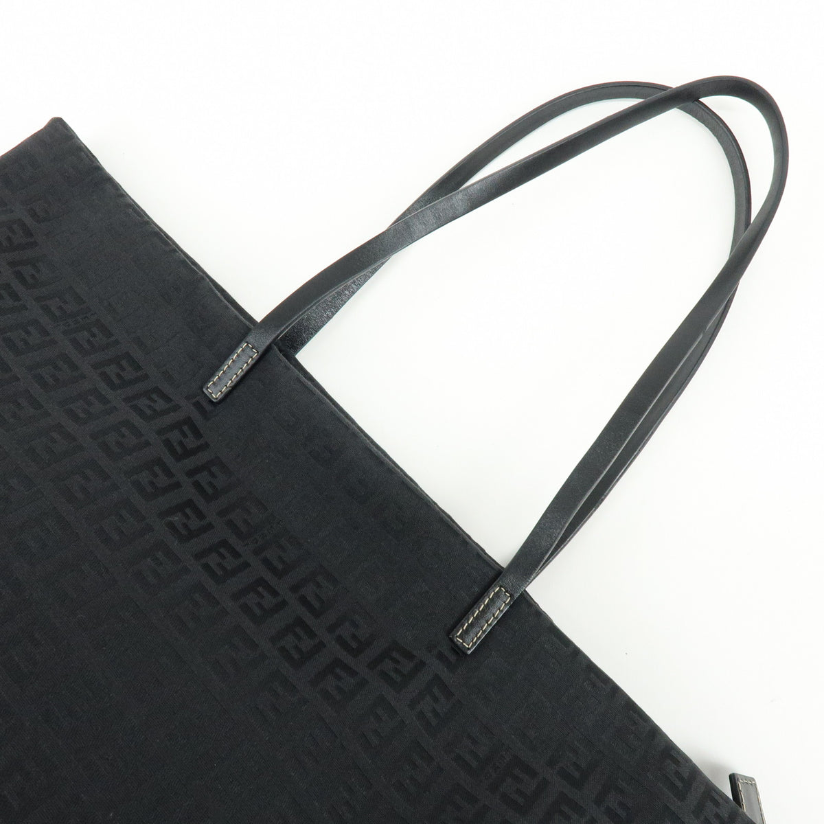 FENDI Zucchino Jacquard Canvas Leather Tote Shoulder Bag Black 8BH025