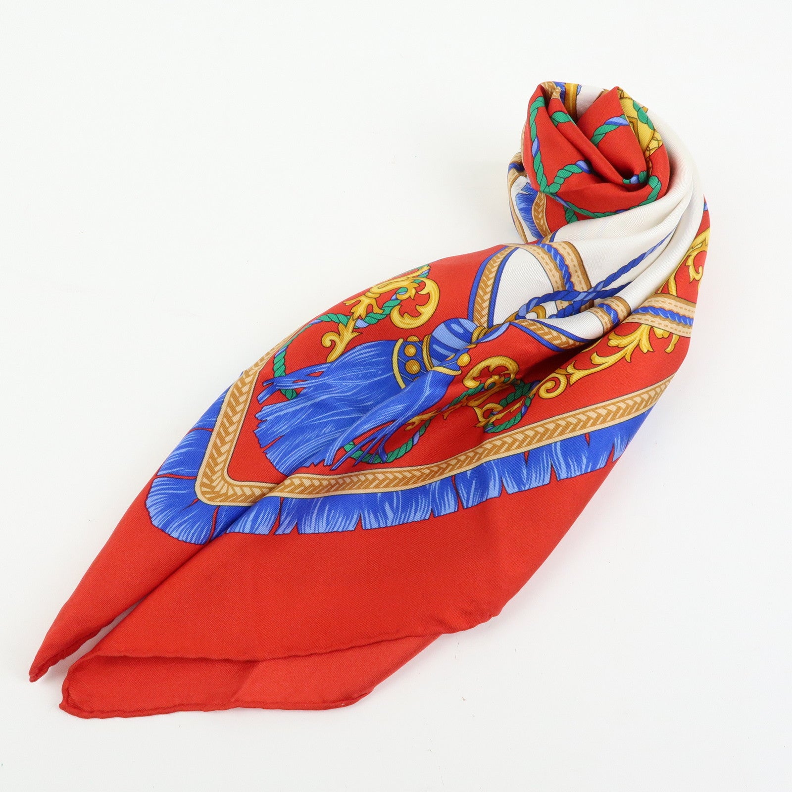 CELINE Silk100% Tassel Chain Print Scarf Shawl Blue Red Yellow