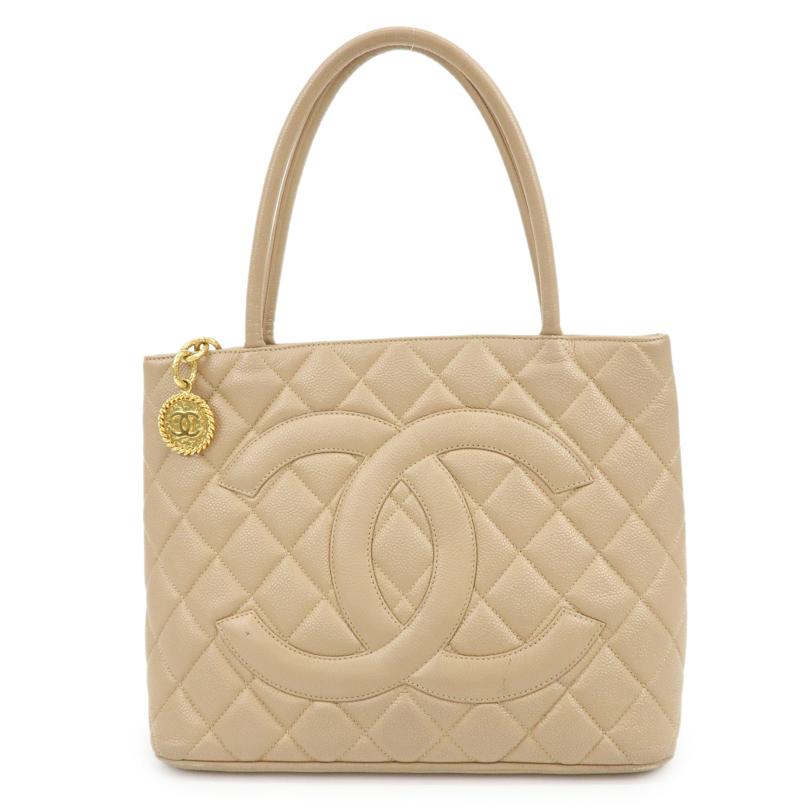 CHANEL Matelasse COCO Mark Caviarskin Medallion Tote Bag Beige A01804