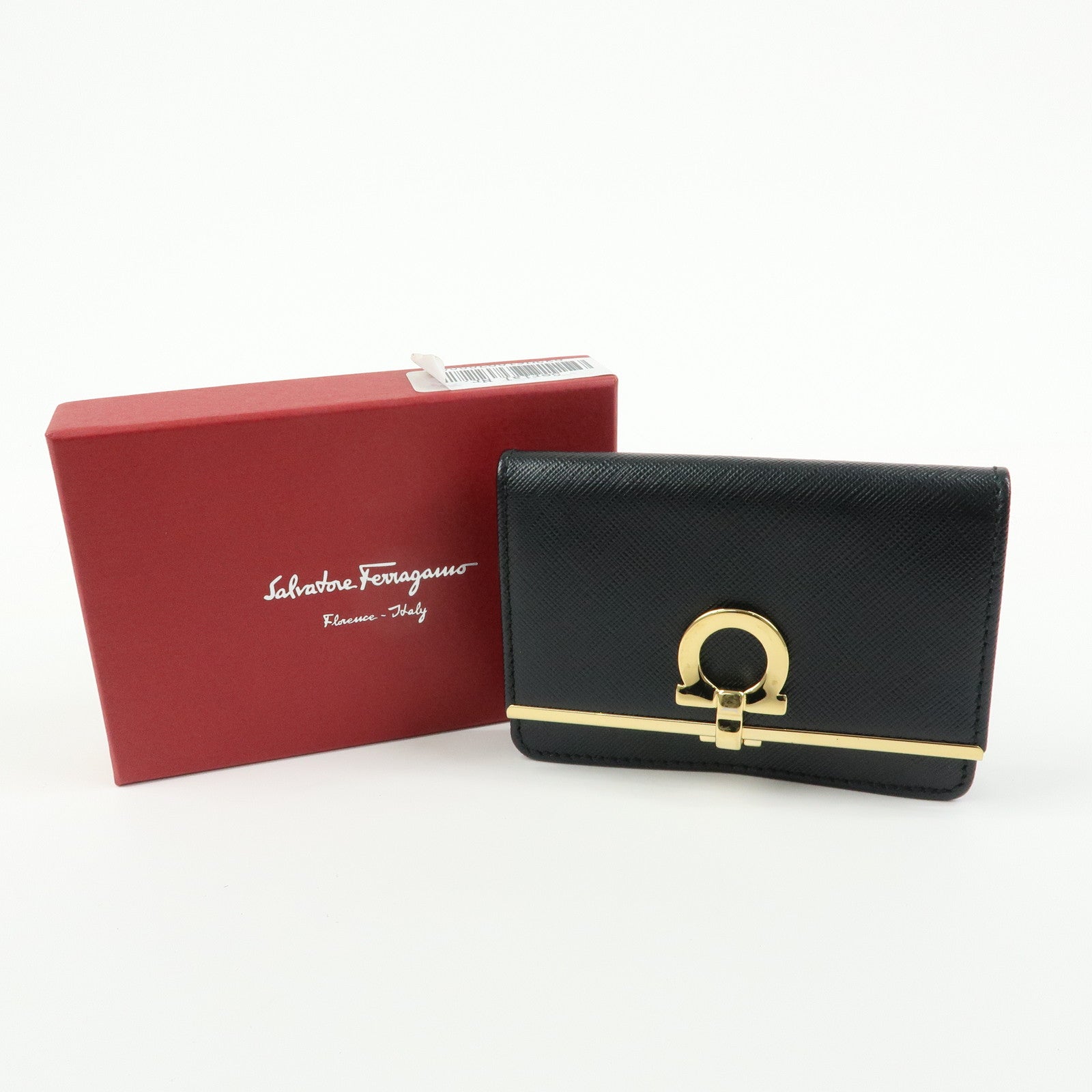 Ferragamo Gancini Embossed Leather Card Case Card Holder Black