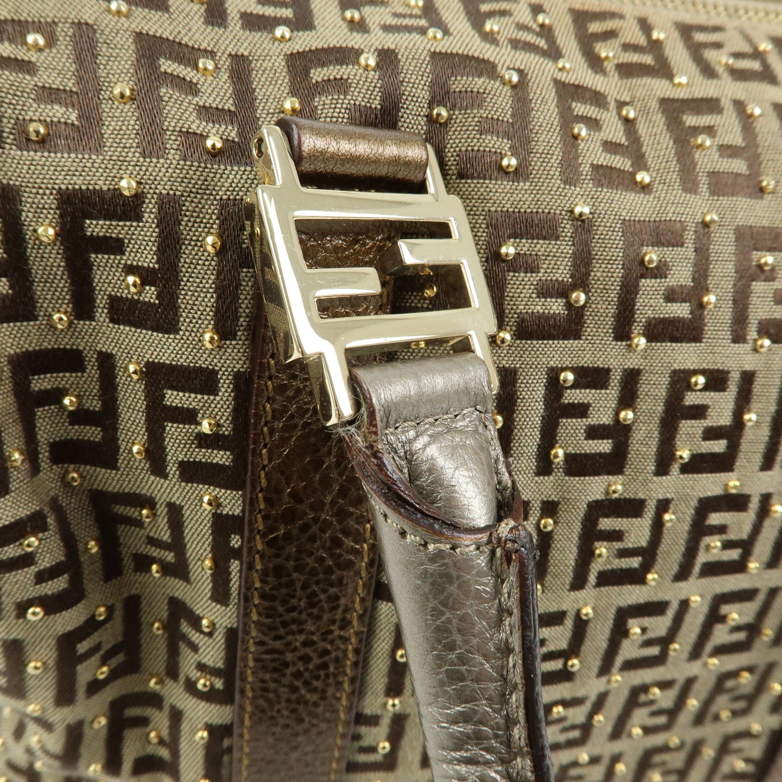 FENDI Zucchino Canvas Leather Boston Bag Hand Bag Beige Gold 8BL068