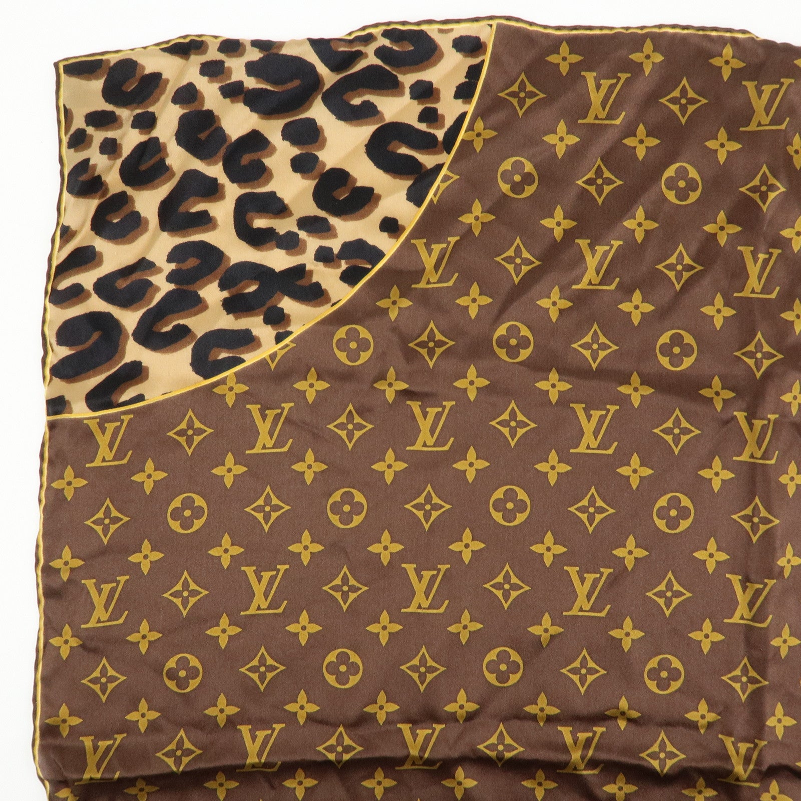 Louis Vuitton Monogram Silk 100% Scarf Shawl Leopard Pattern Brown