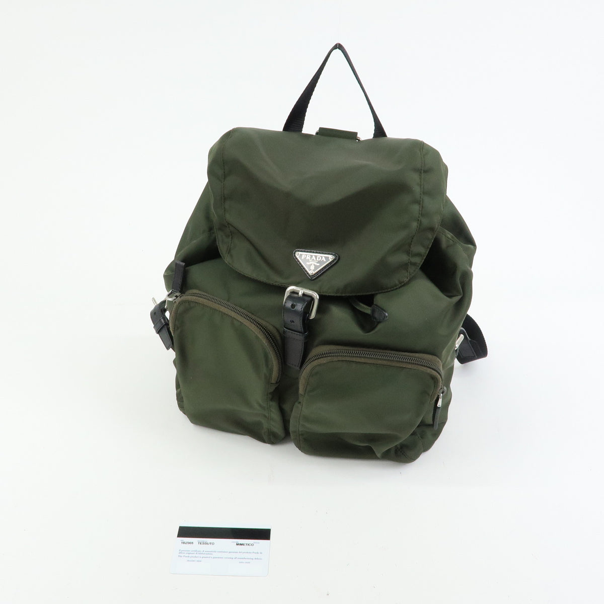 PRADA Triangle Logo Nylon Saffiano Leather Backpack Khaki 1BZ005