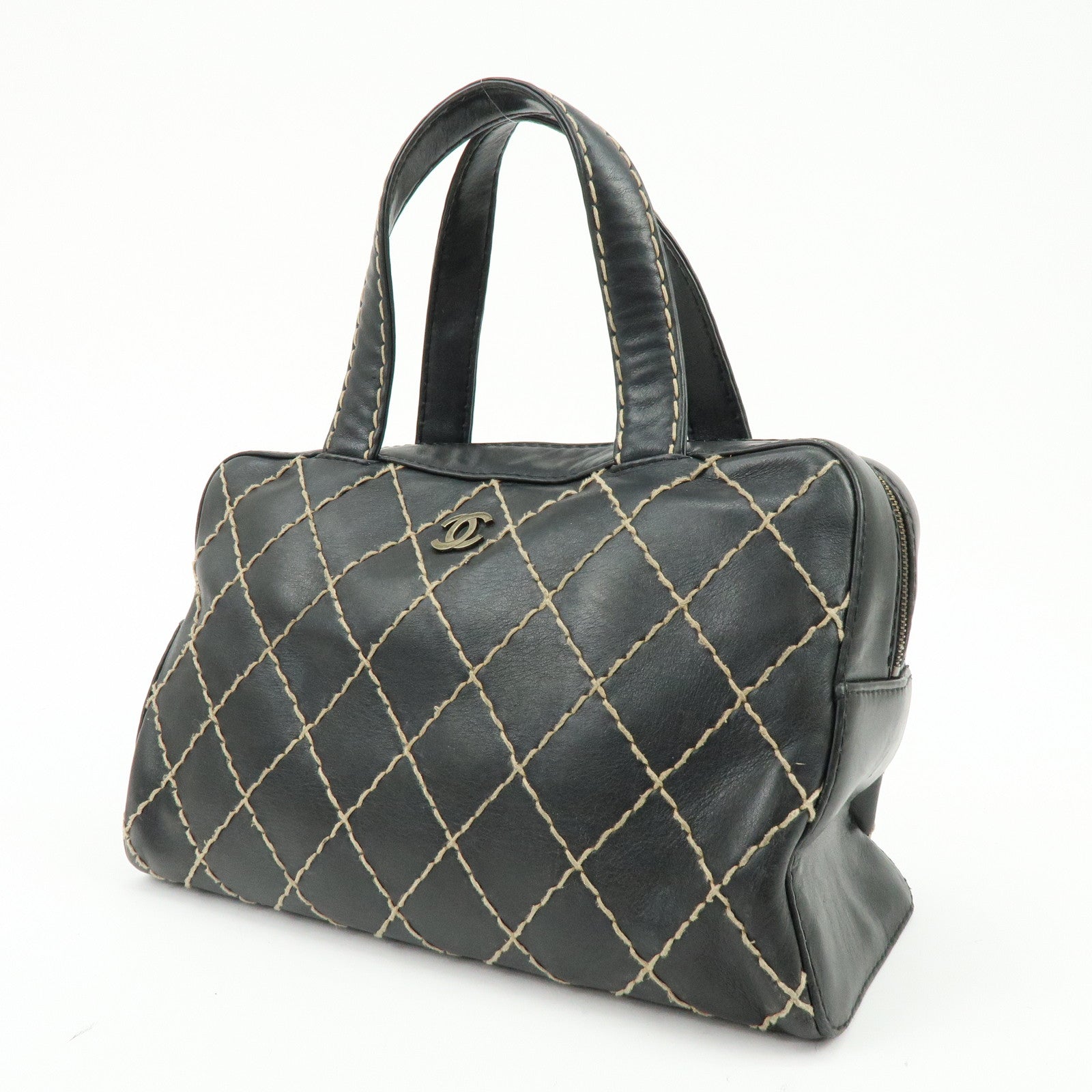 CHANEL Wild Stitch COCO Mark Calf Skin Hand Bag Boston Bag Black A14692