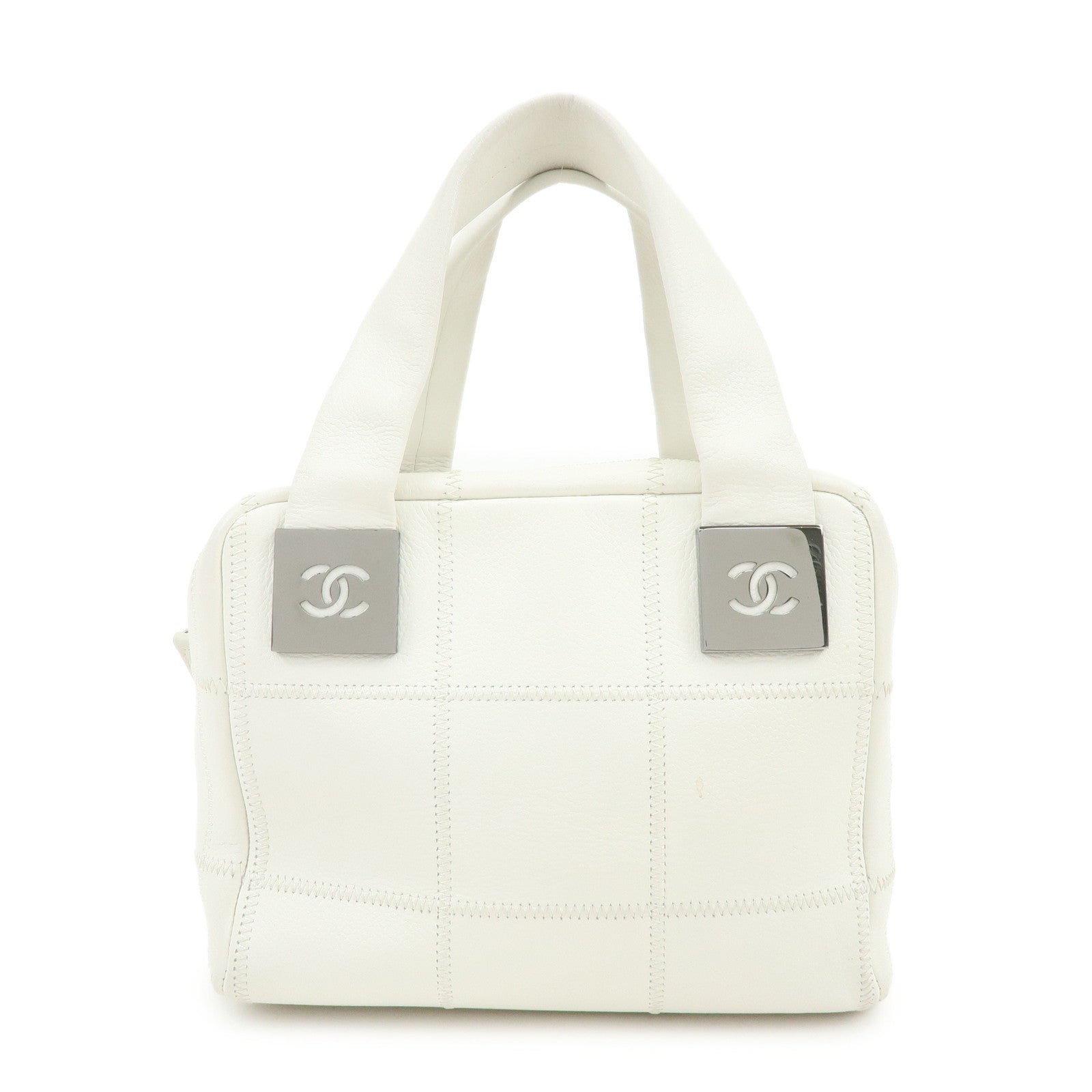 CHANEL Chocolate Bar COCO Mark Caviarskin Hand Bag Tote Bag White
