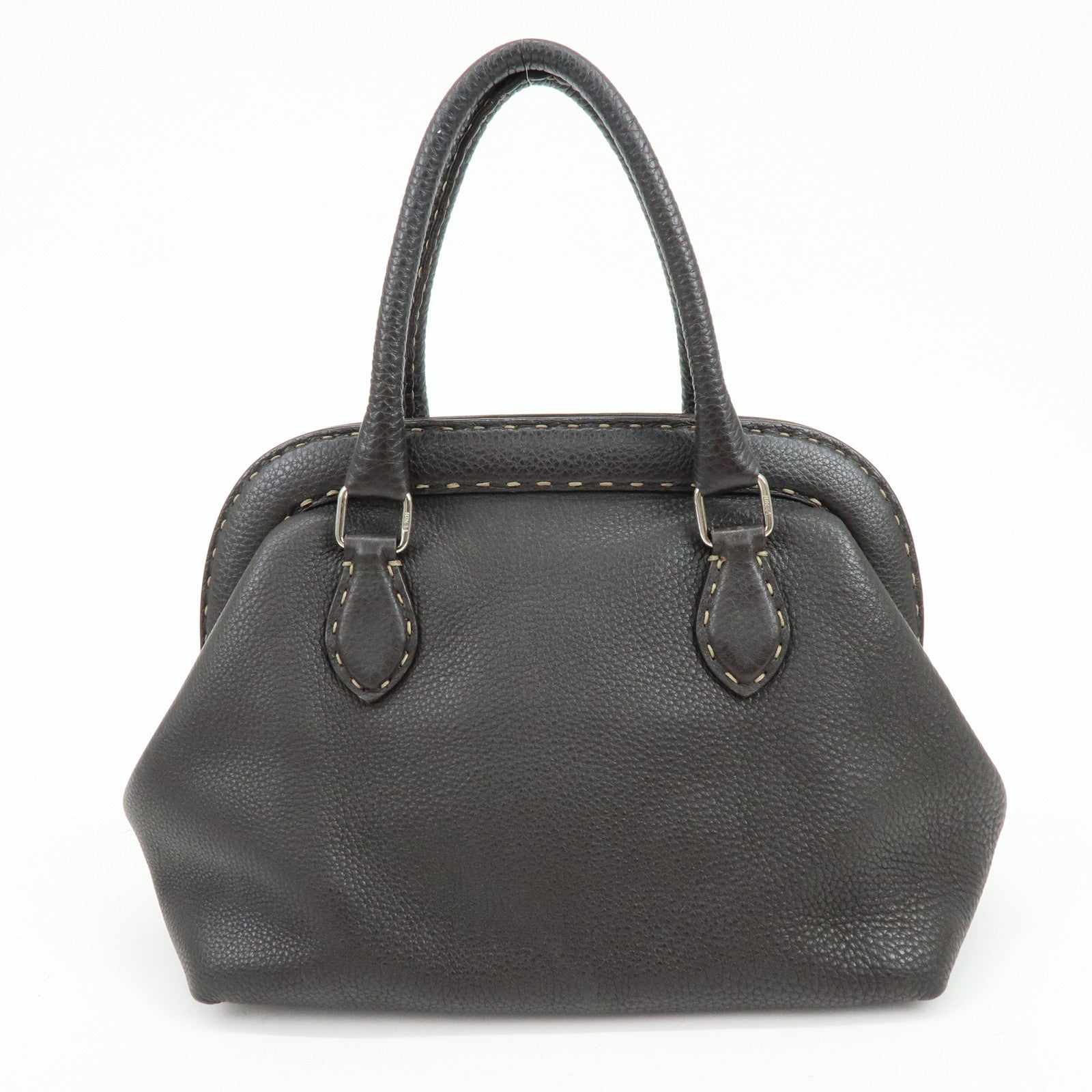 FENDI Selleria Stitches Leather Boston Bag Hand Bag Dark Brown 8BN127