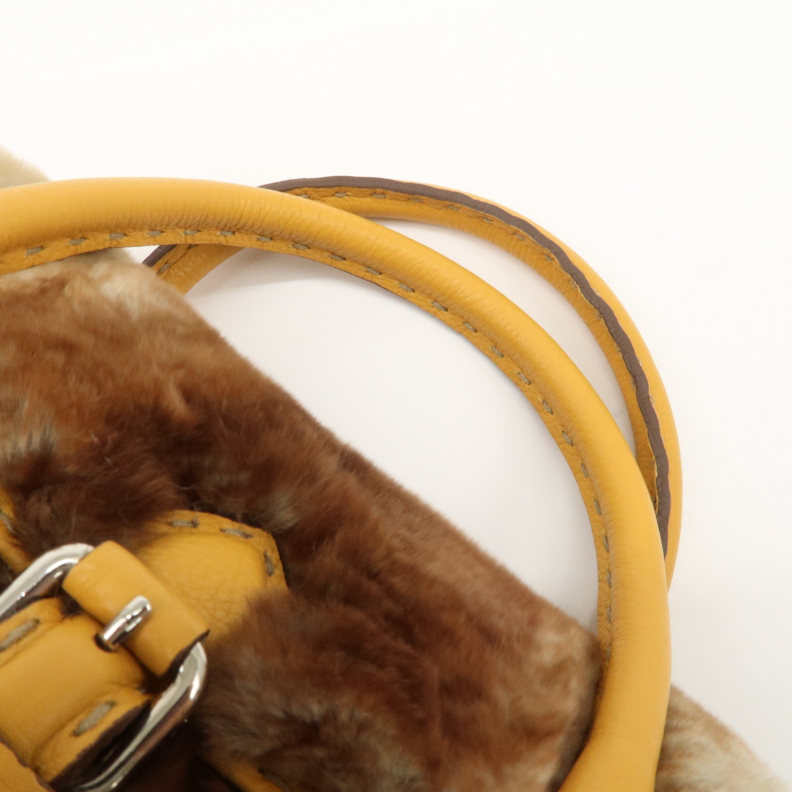 FENDI Seleria Leather Fur Mini Linda Hand Bag Brown White 8BR486 Used