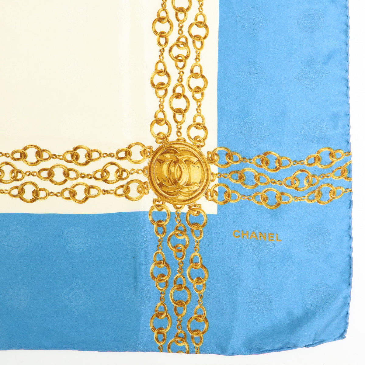 CHANEL Silk 100% Scarf Gold Chain Motif Light Blue White