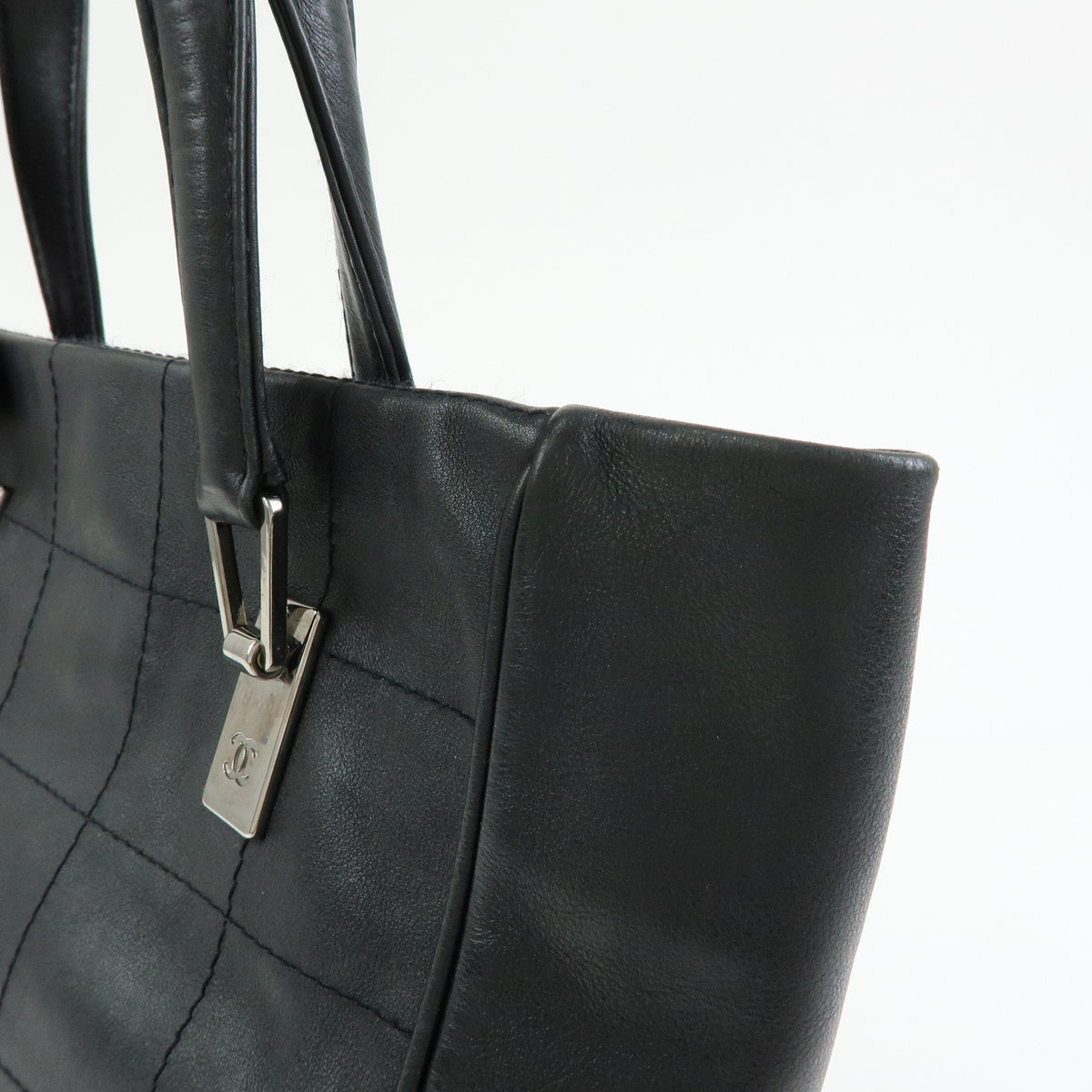 CHANEL Chocolate Bar COCO Mark Lamb Skin Hand Bag Tote Bag Black
