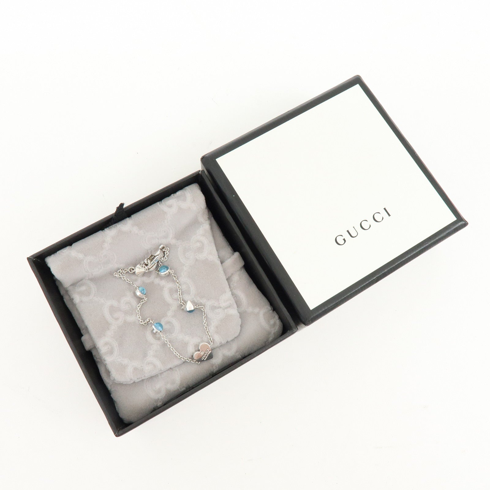GUCCI Blue Topaz Heart Charm Bracelet SV925 17 Silver Light Blue