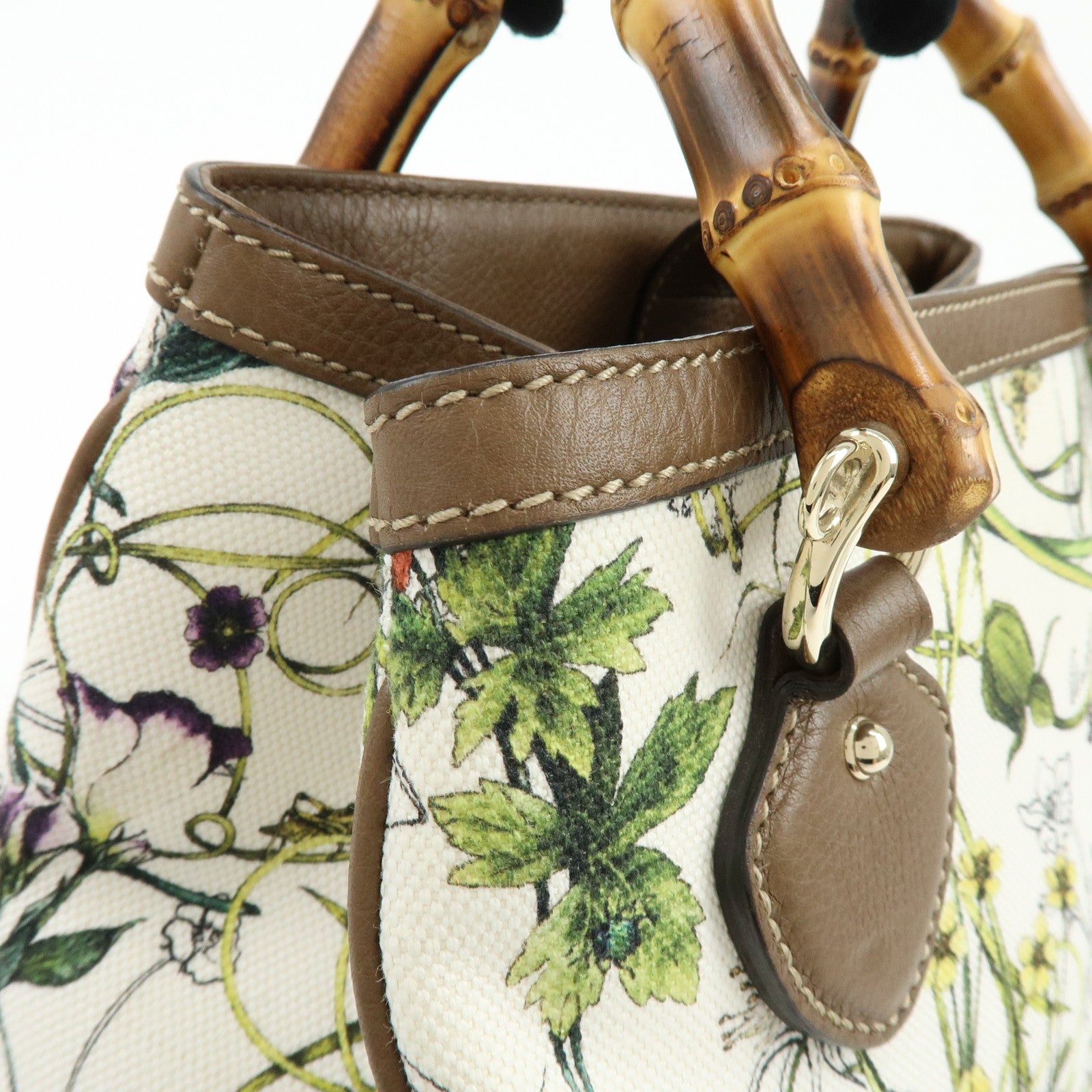 GUCCI Bamboo Canvas Leather 2Way Hand Bag Flower Print Brown 308360