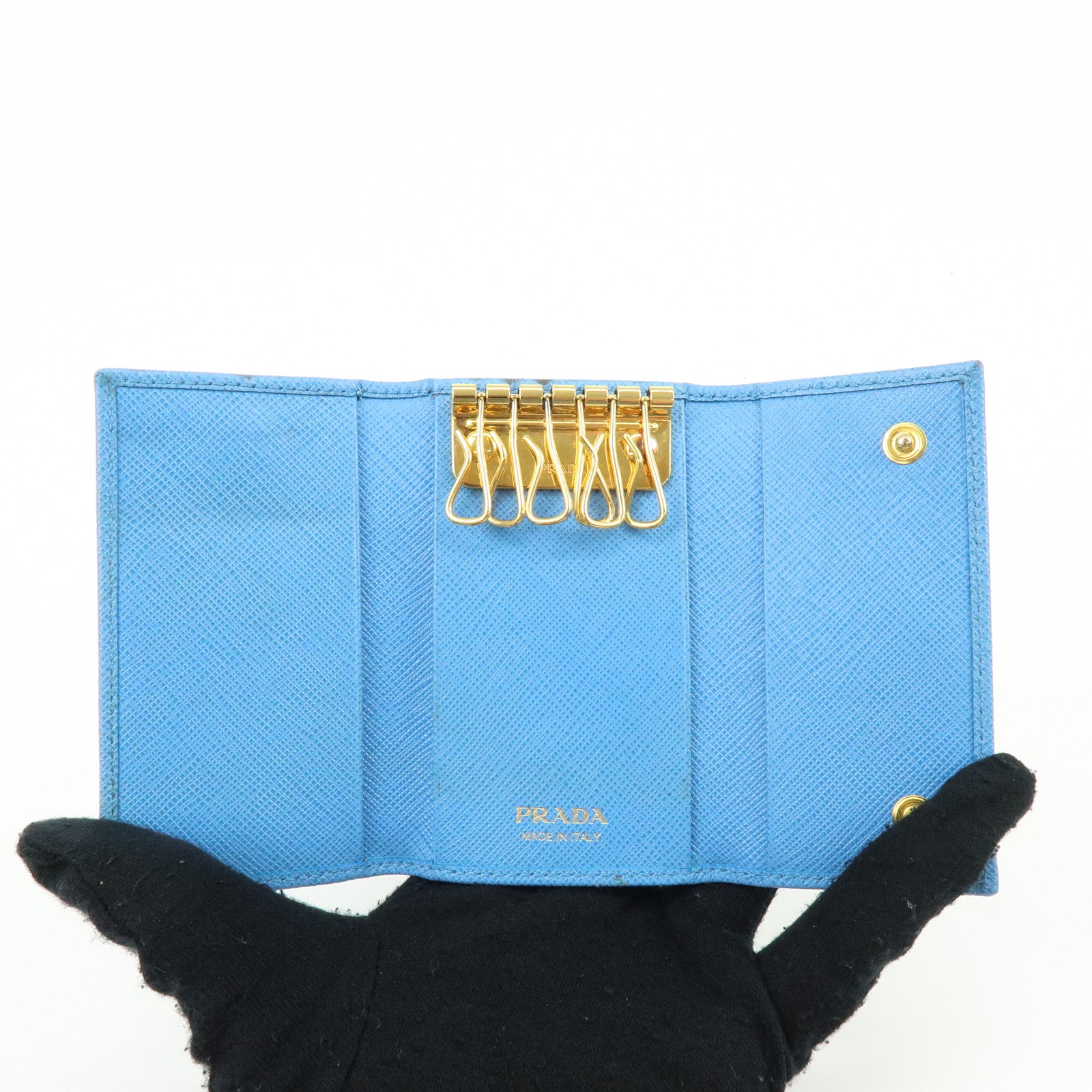 PRADA Triangle Log Saffiano Leather Key Case Key Holder Blue