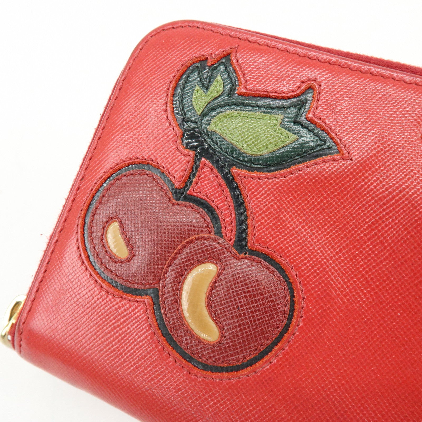 PRADA Saffiano Leather Cherry Round Zippy Long Wallet Red
