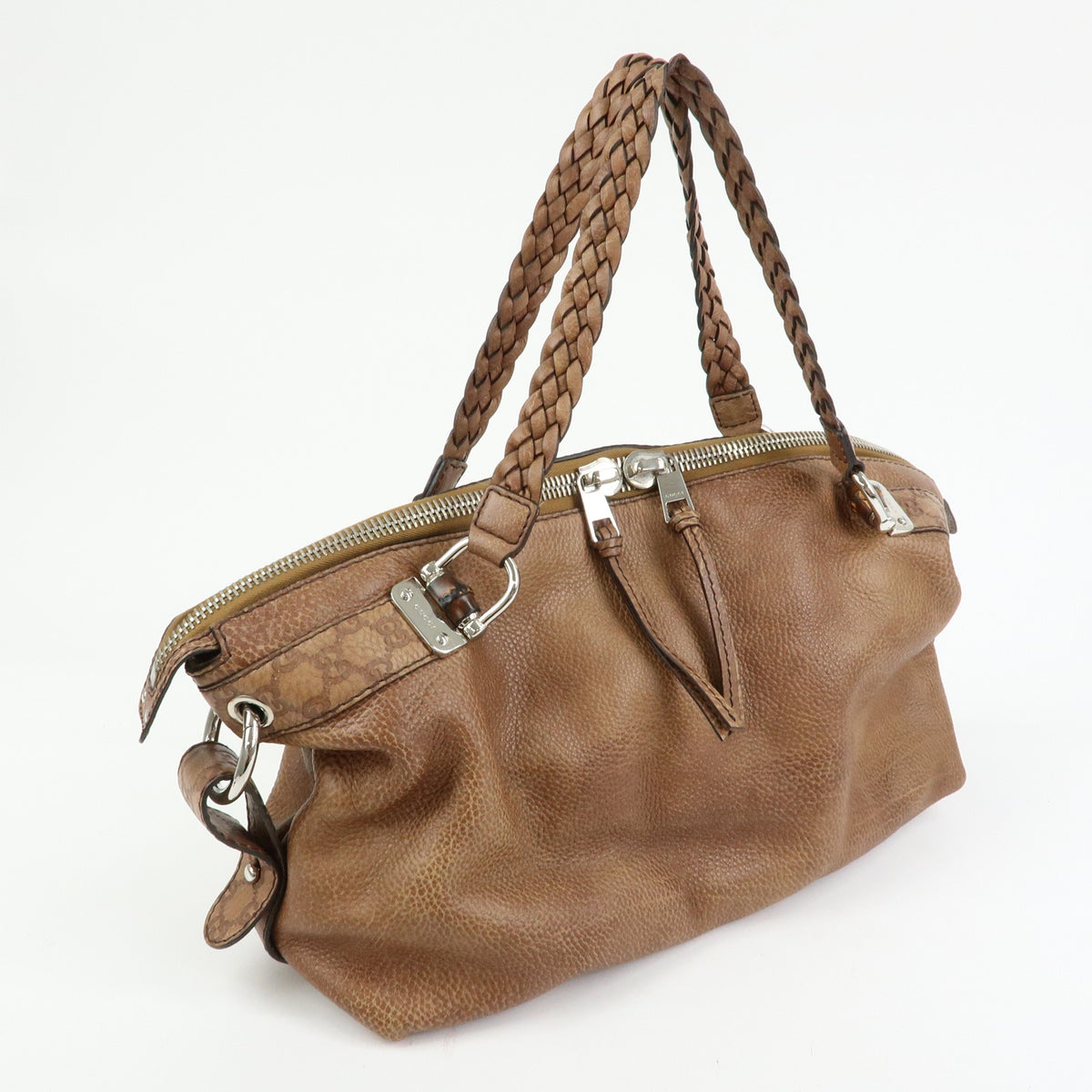 GUCCI Bamboo Embossed Leather Boston Bag Hand Bag Brown 232959