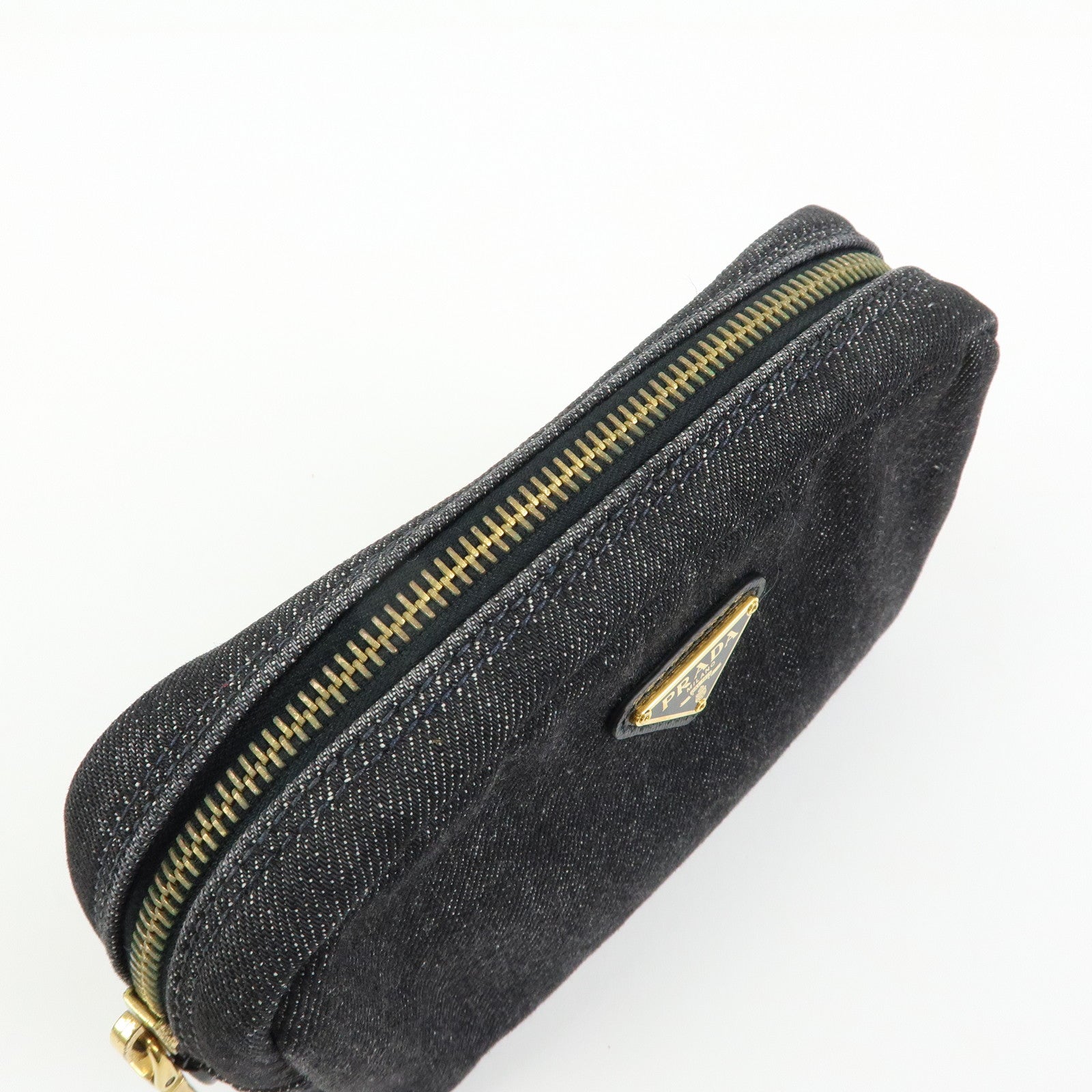 PRADA Triangle Logo Denim Cosmetic Pouch Black Gold