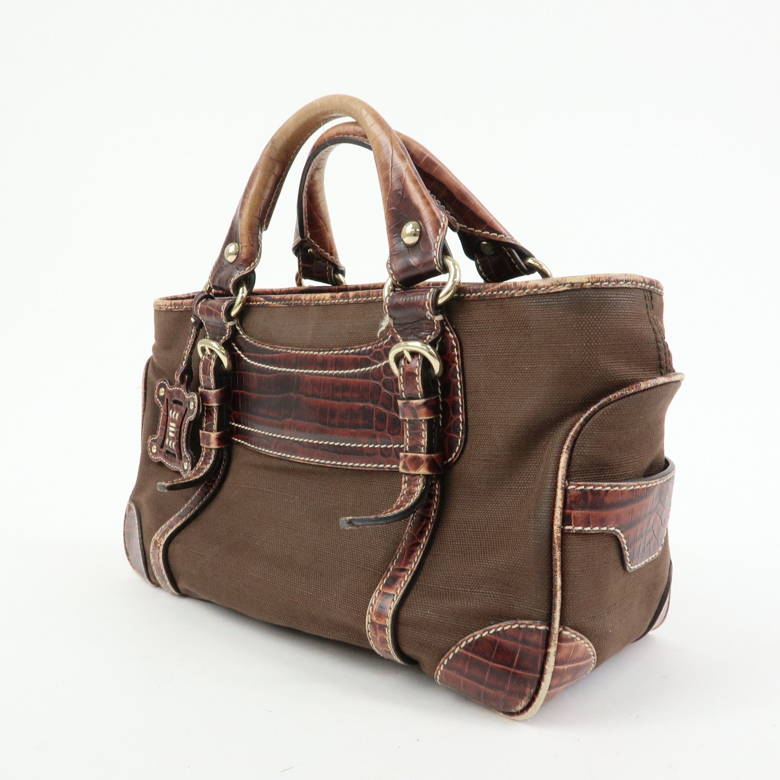 CELINE Boogie Bag Canvas Embossed Leather Hand Bag Tote Bag Brown