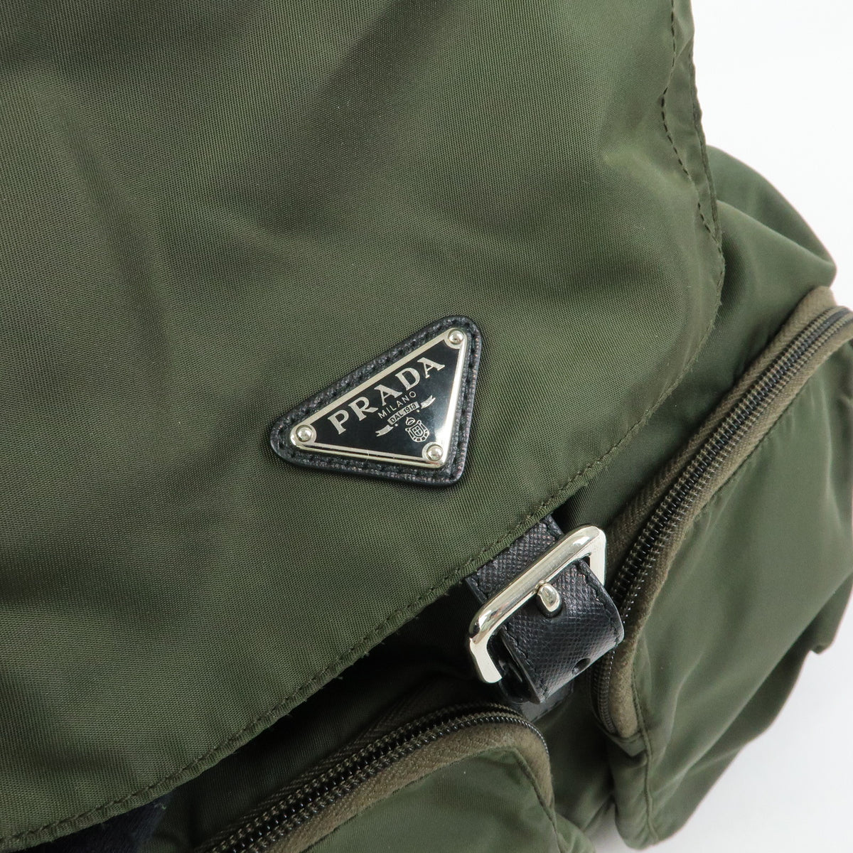 PRADA Triangle Logo Nylon Saffiano Leather Backpack Khaki 1BZ005
