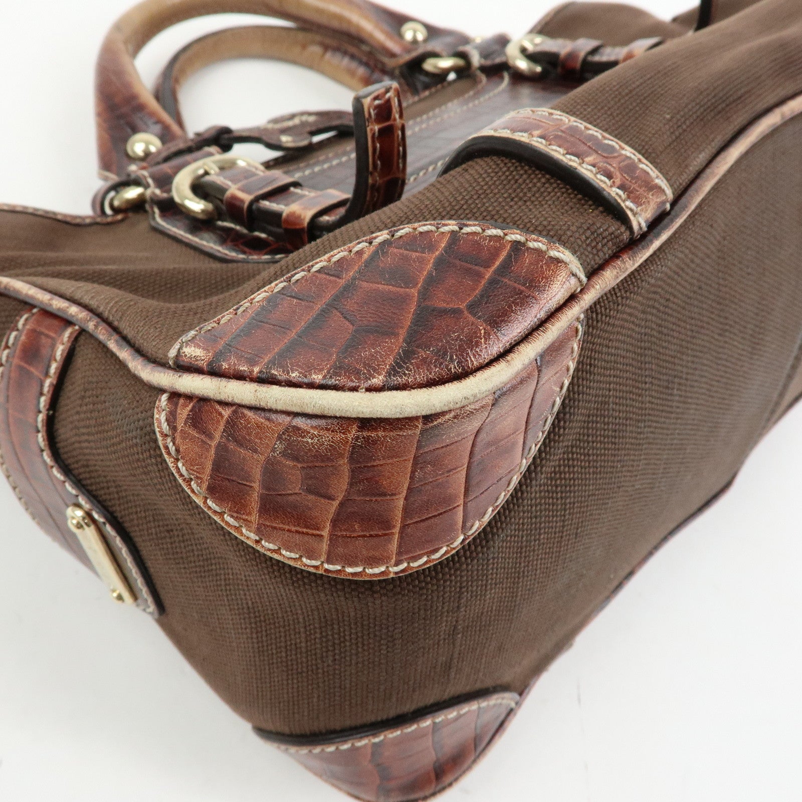 CELINE Boogie Bag Canvas Embossed Leather Hand Bag Tote Bag Brown