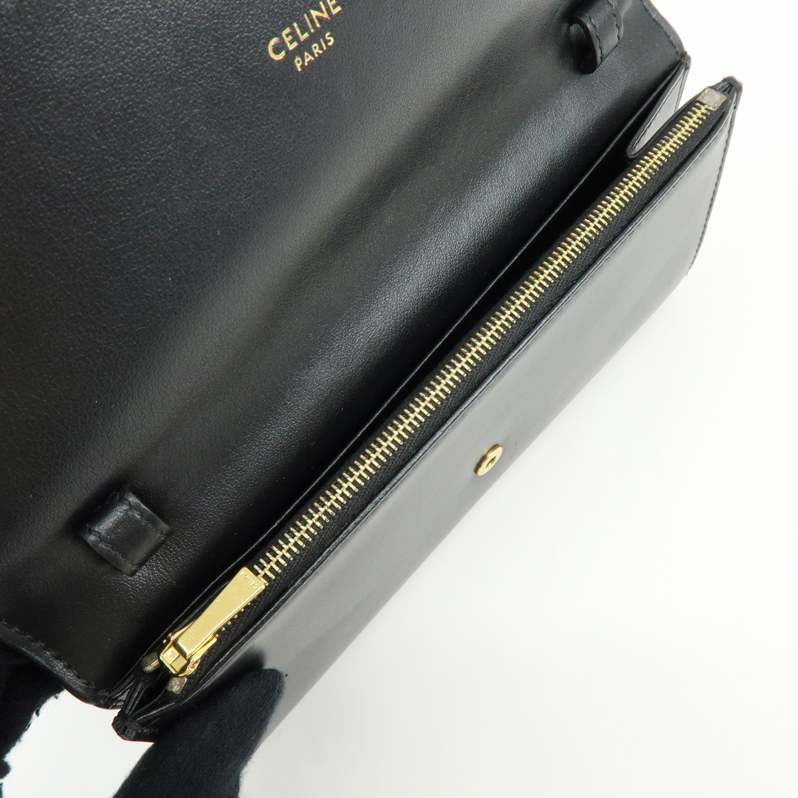 CELINE C Logo Leather Chain Long Flap Wallet Black