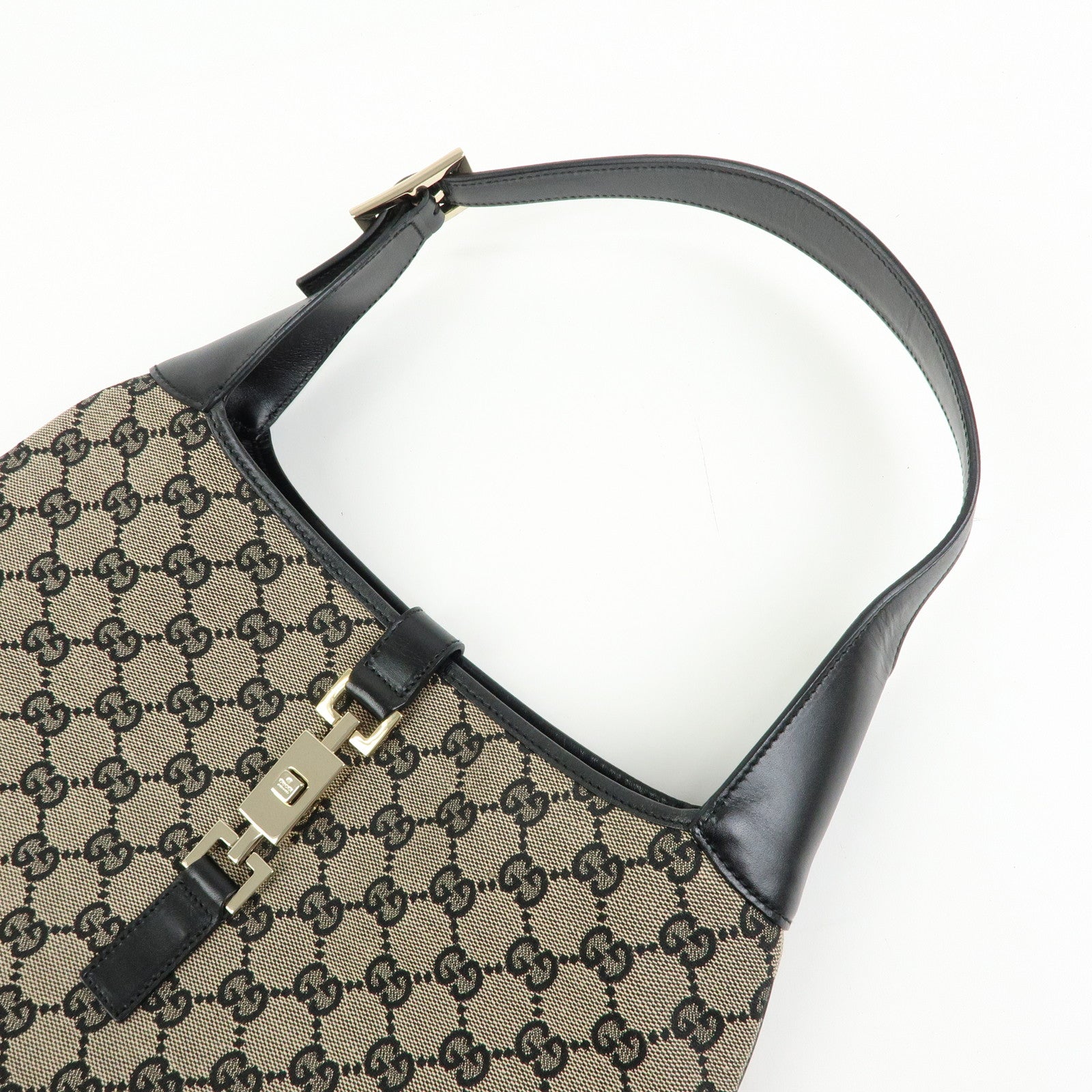 GUCCI Jackie GG Canvas Leather Shoulder Bag Beige Black 0013306