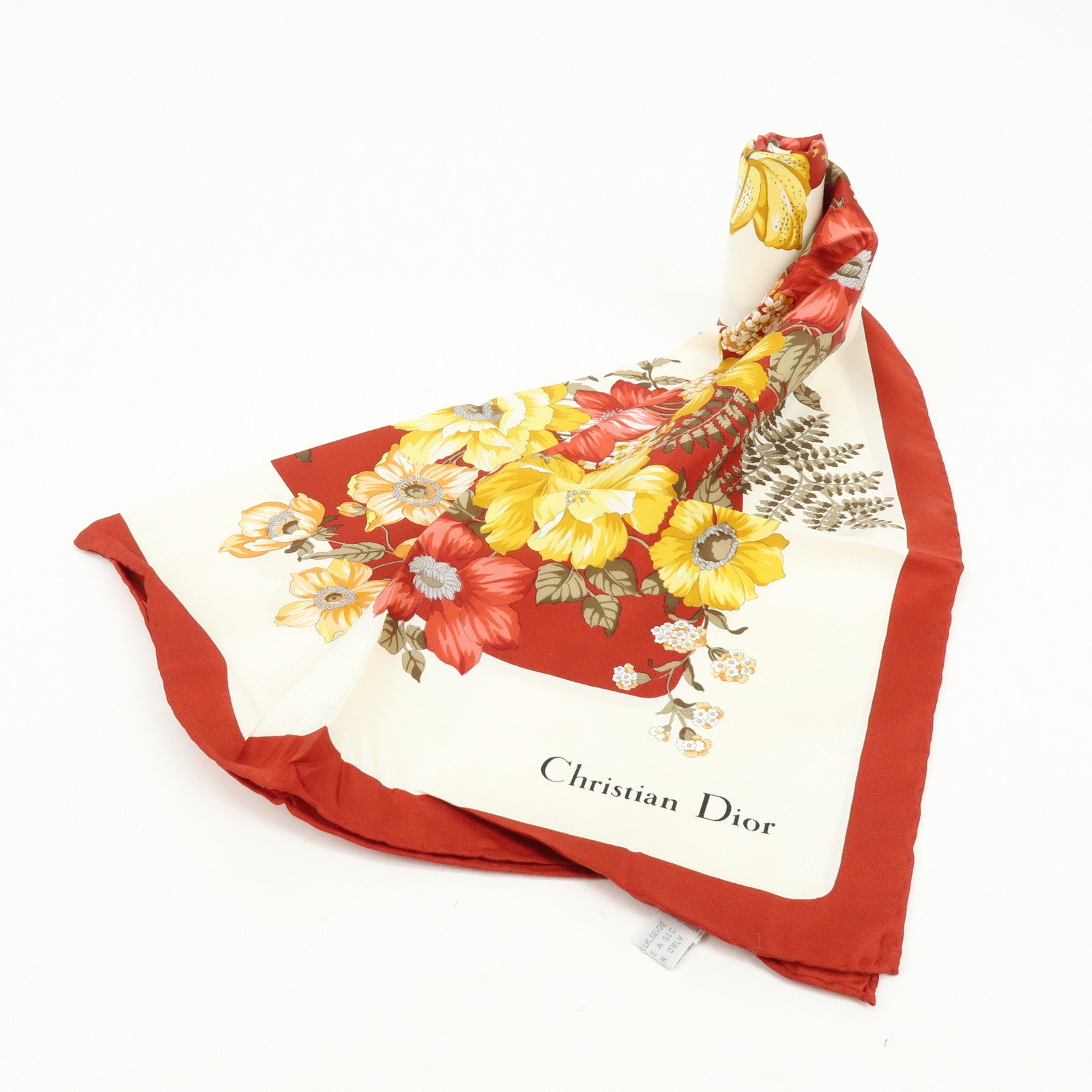 Christian Dior Silk 100% Scarf Flower Print White Red Yellow