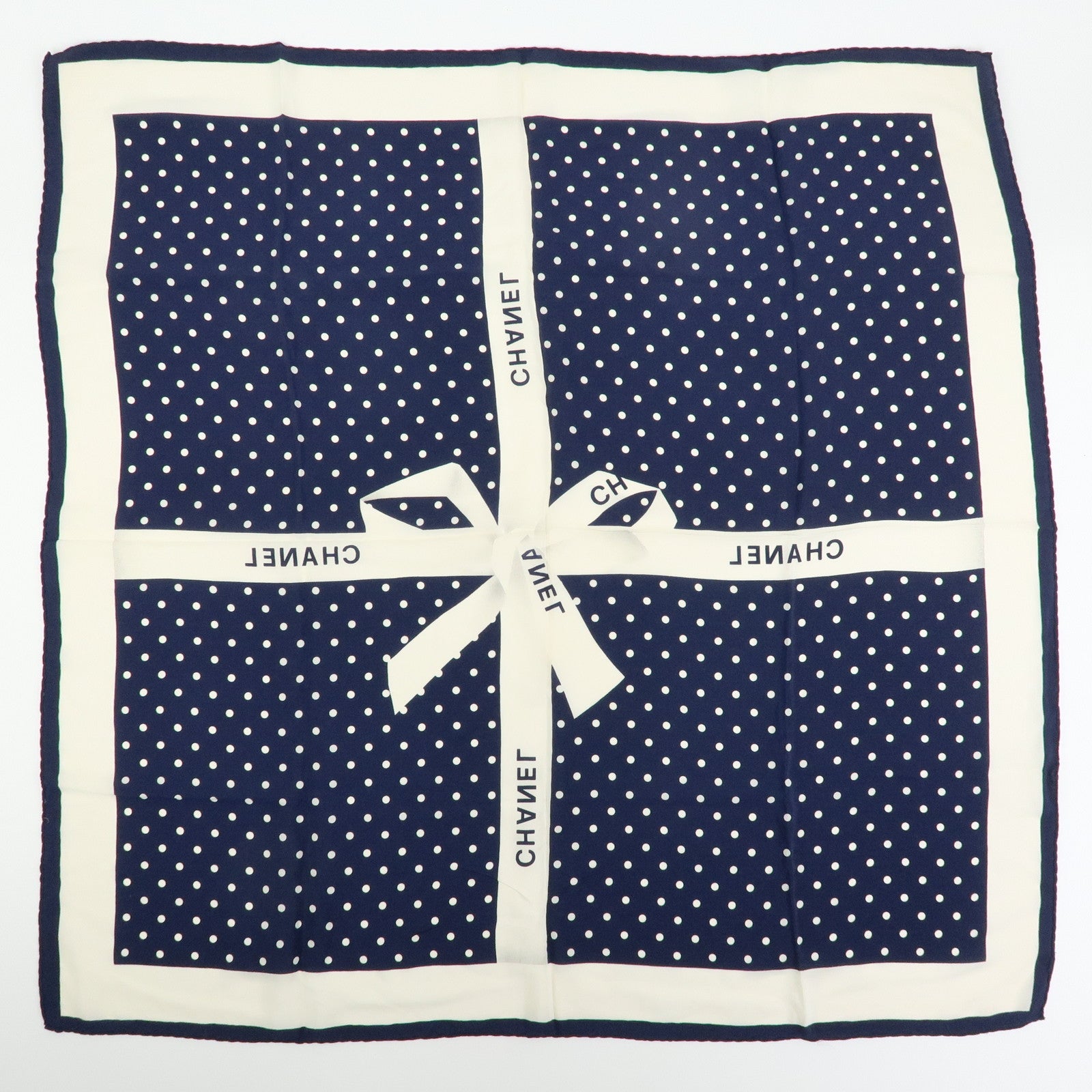 CHANEL Silk 100% Scarf Poka Dots Ribbon Design White Navy