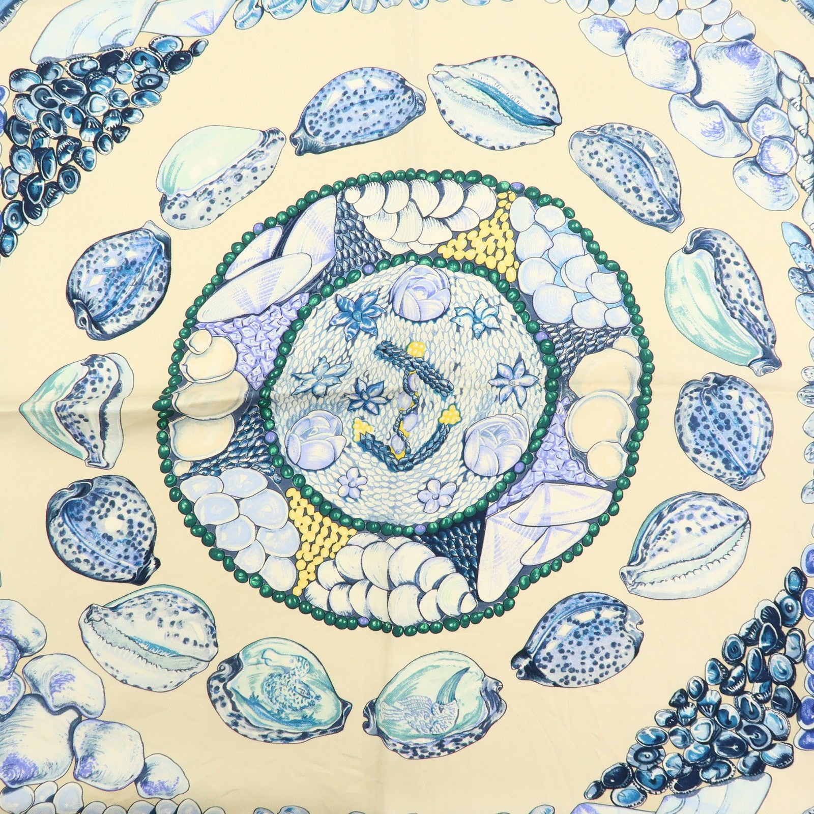 HERMES Carre 90 Silk 100% Scarf Rocaille Seashell Motif Beige Blue