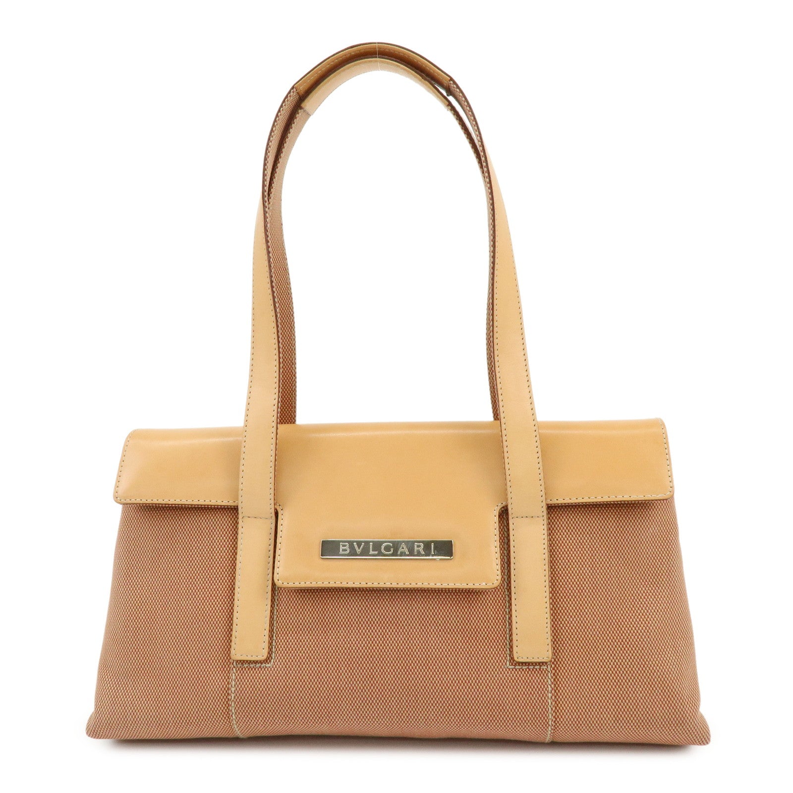 BVLGARI Canvas Leather Flap Shoulder Bag Hand Bag Beige Red