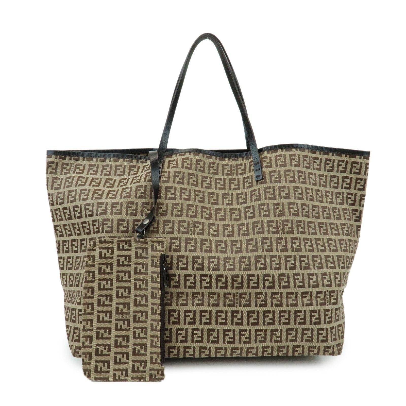 FENDI Zucchino Canvas Leather Tote Bag Shoulder Bag Brown