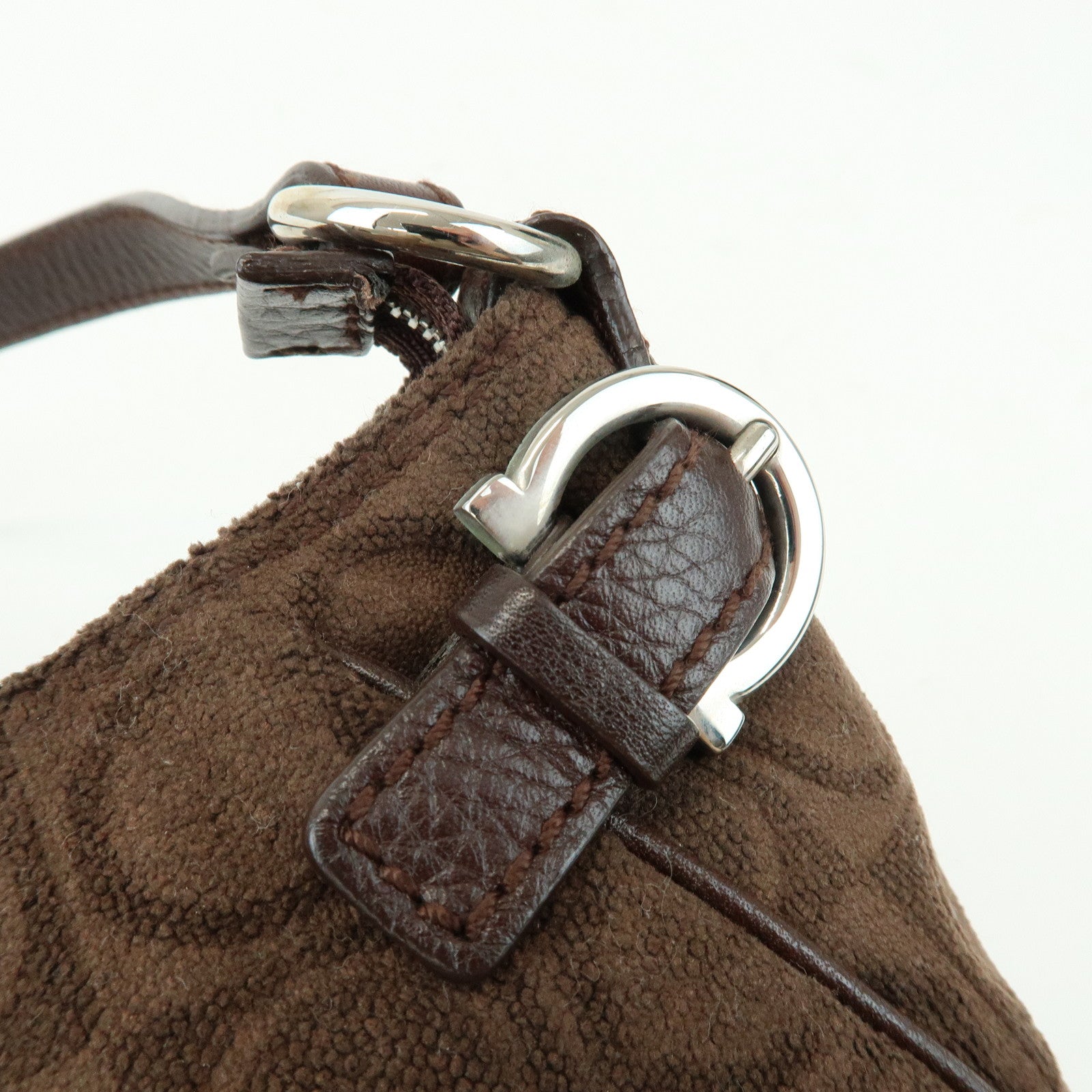 Ferragamo Gancini Pile Leather Shoulder Bag Hand Bag Dark Brown