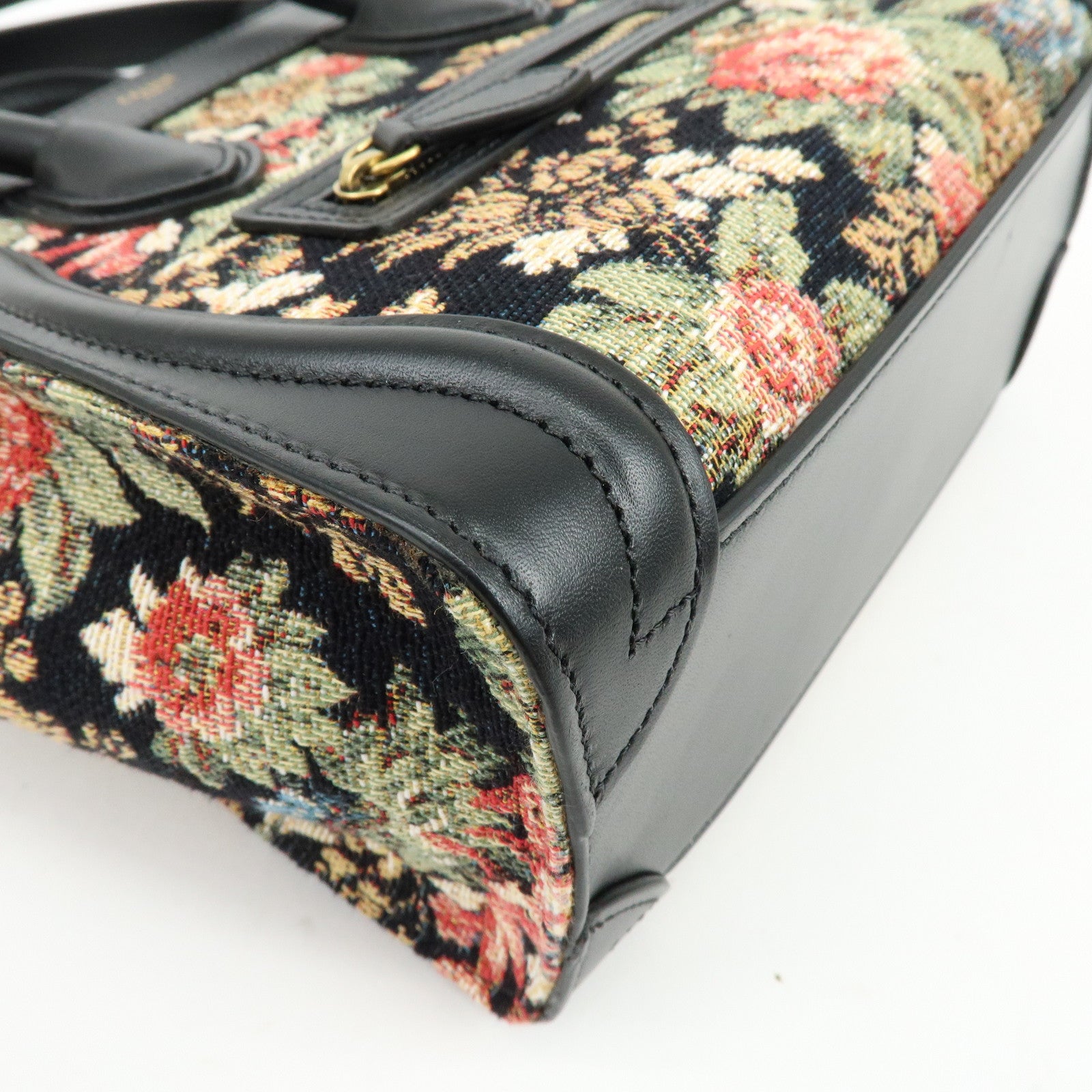 CELINE Luggage Jaquard Canvas Leathre Flower 2Way Shoulder Bag Black