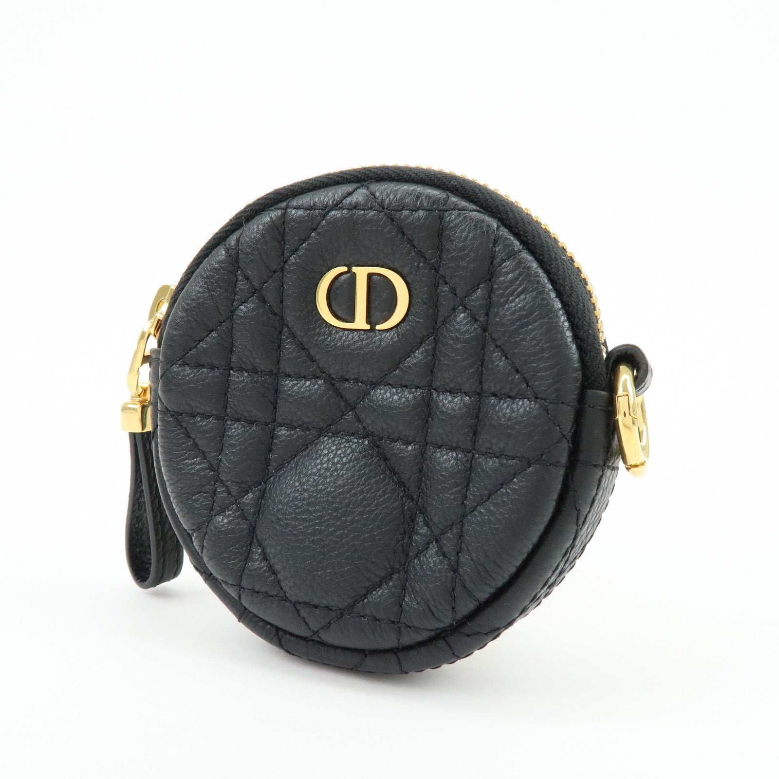 Christian Dior Caro Cannage Calf Skin Round Coin Case Bag Charm Black