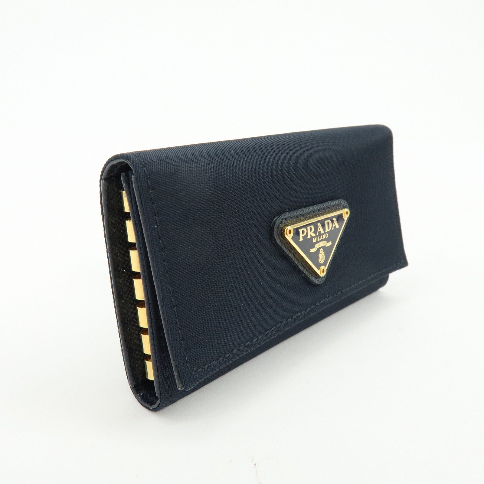 PRADA Triangle Logo Nylon Saffiano Leather Key Case Black 1M0222