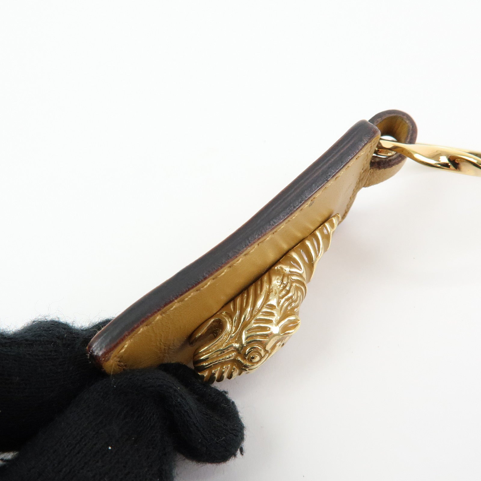 GUCCI Tiger Head Leather Metal Bag Charm Key Holder Brown Gold