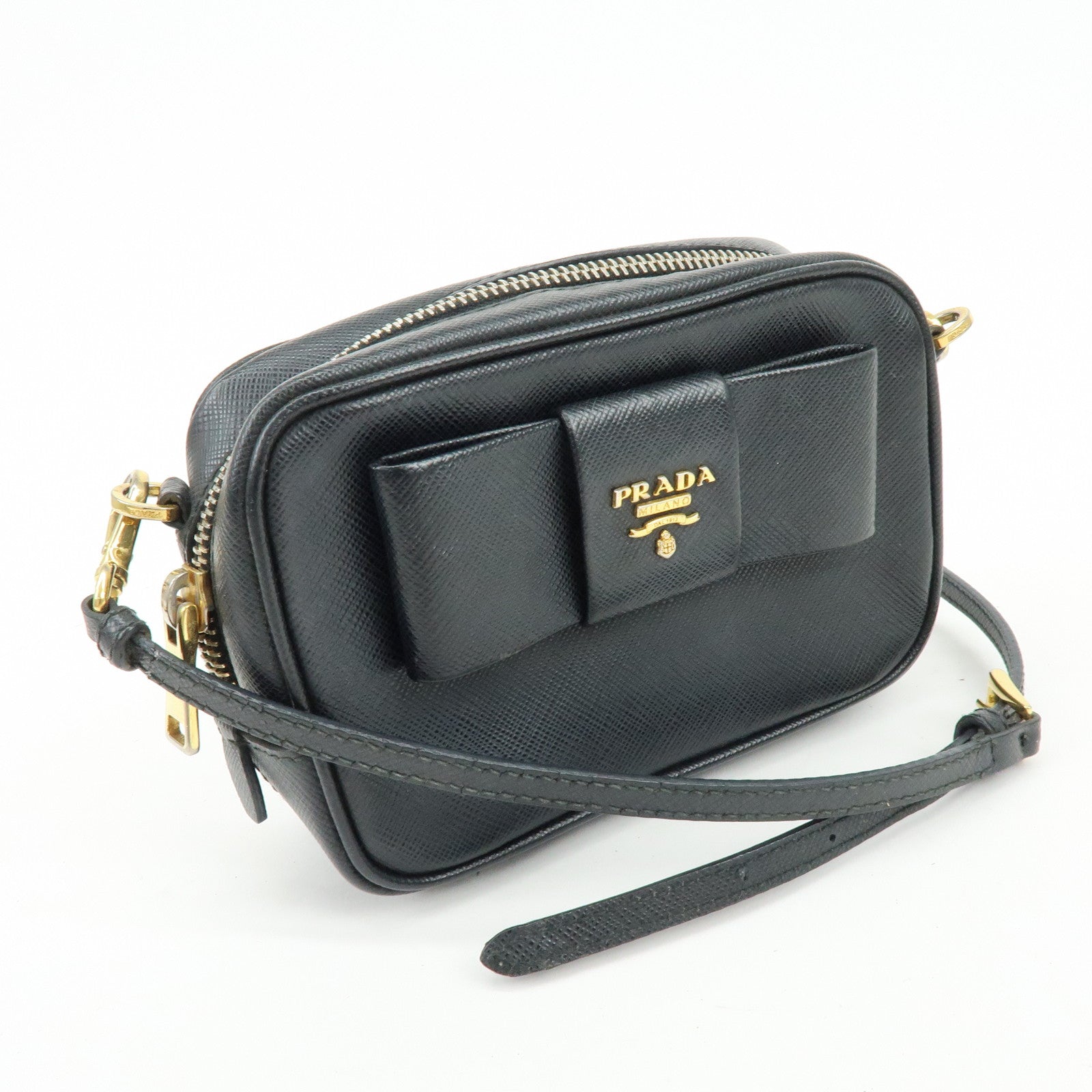 PRADA Saffiano Leather Shoulder Crossbody Bag Ribbon Motif Black 1NF674