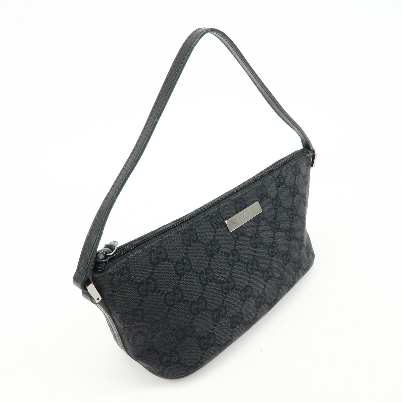 GUCCI Boat Bag GG Canvas Leather Accessory Pouch Hand Bag Black 07198