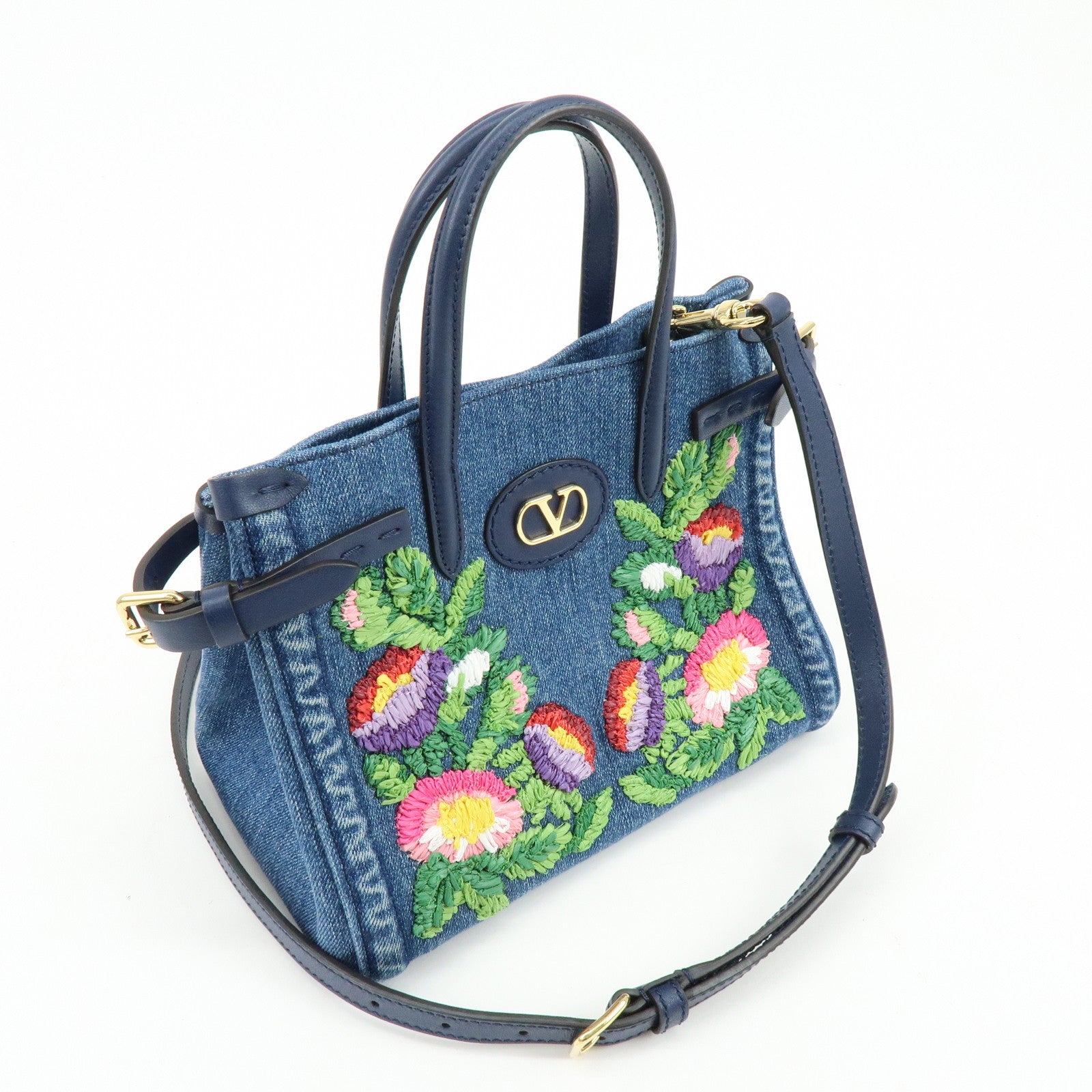 VALENTINO Denim Leather 2Way Hand Shoulder Bag Flower Embroidered