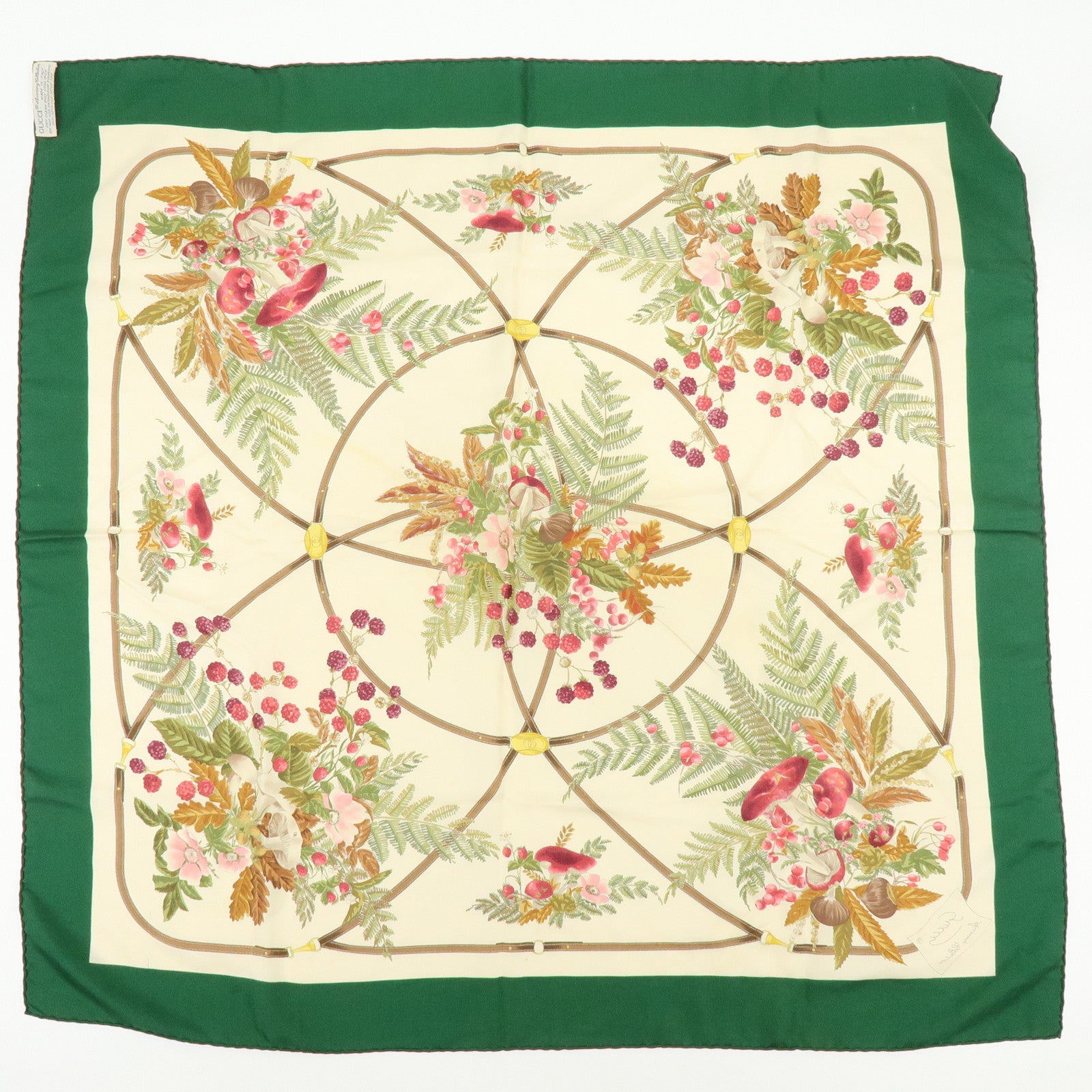 GUCCI Set of 2 Silk 100% Scarf Flower Mushroom Motif Green Navy