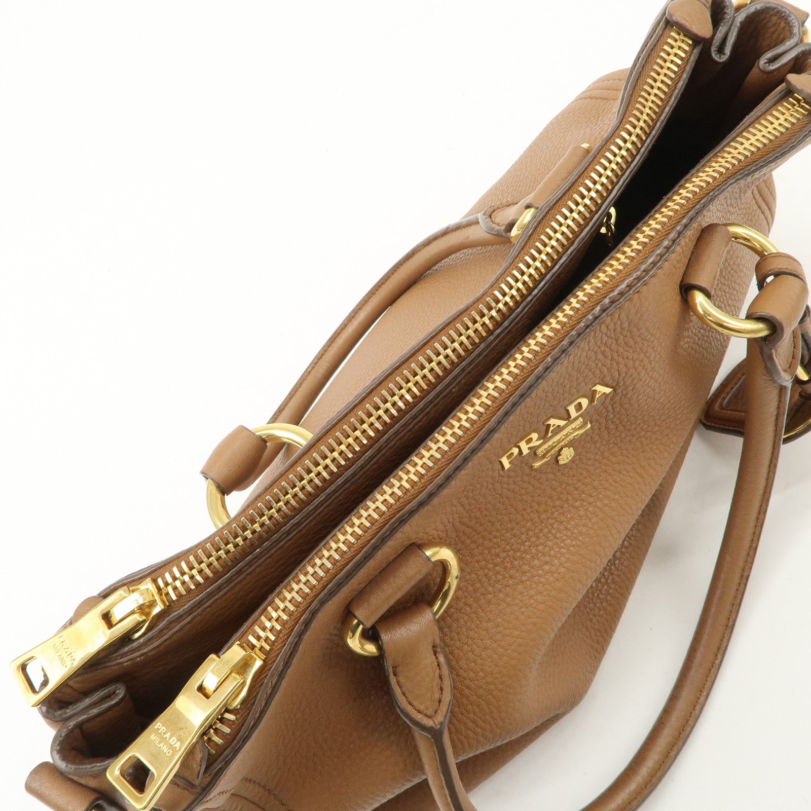 PRADA Logo Leather 2WAY Tote Bag Hand Bag Brown Gold Hardware Used